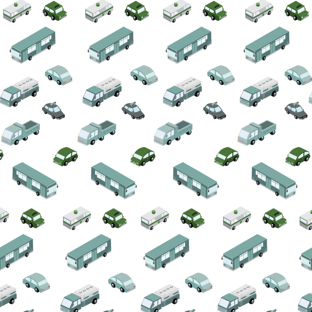 An isometric illustration of a city street filled with various types of vehicles such as buses, cars, and trucks. The scene depicts a busy urban area with multiple roads and intersections, rendered in a pixel art style.