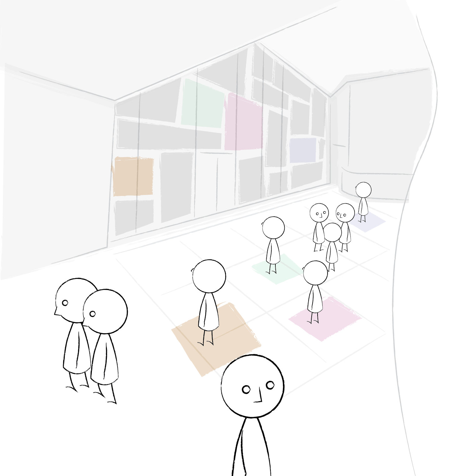 Sketch of a exhibtion with stick figure students standing on colored squares and a large window with shelves of books behind them.