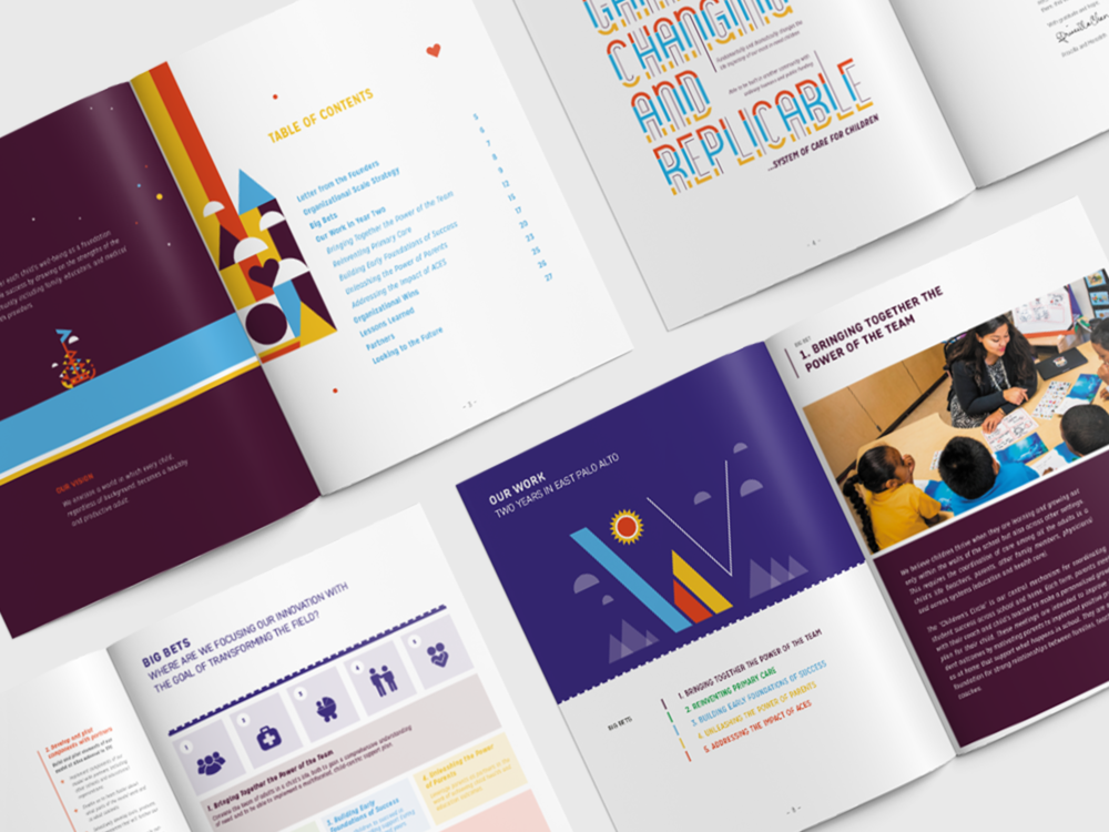 Open booklet displaying colorful pages with tables of contents, illustrations, and photos of a team meeting.
