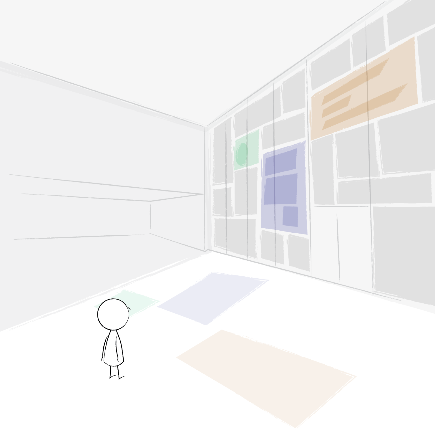 A minimalist digital drawing of an interactive exhibition with abstract wall art, a small person in the foreground, and three 'hot' tiles on the floor.