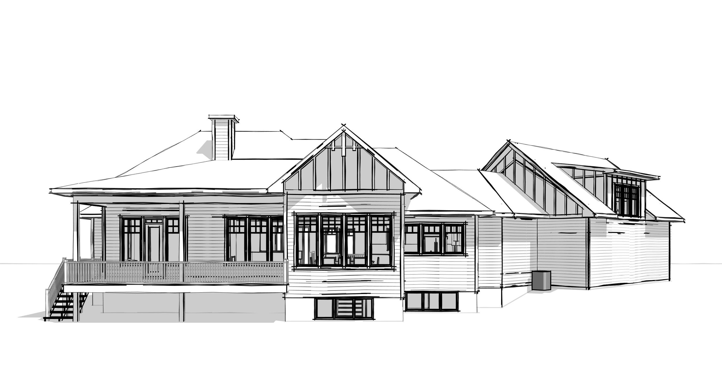 Line drawing of a modern house with multiple gabled roofs, large windows, and a front porch with a staircase.