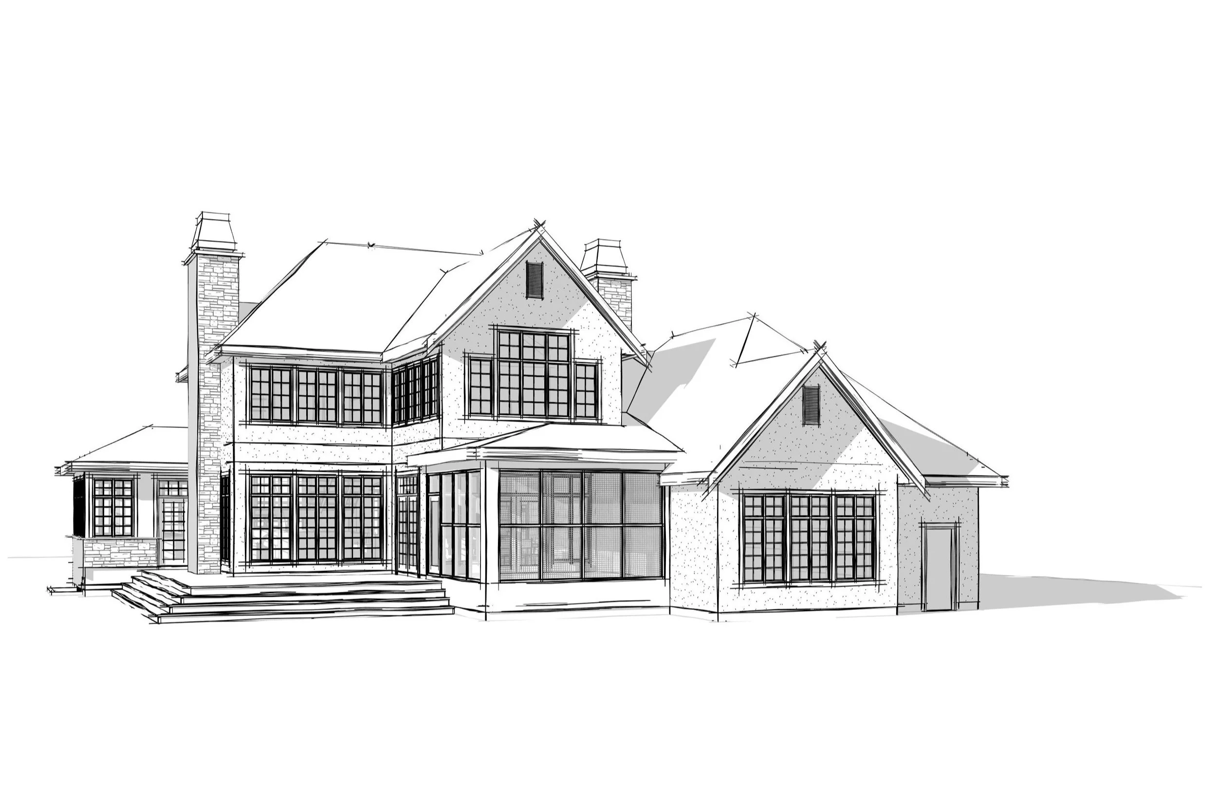 Black and white architectural drawing of a large, multi-story house with multiple gabled roofs, large windows, a chimney, and stairs leading to a backyard patio.