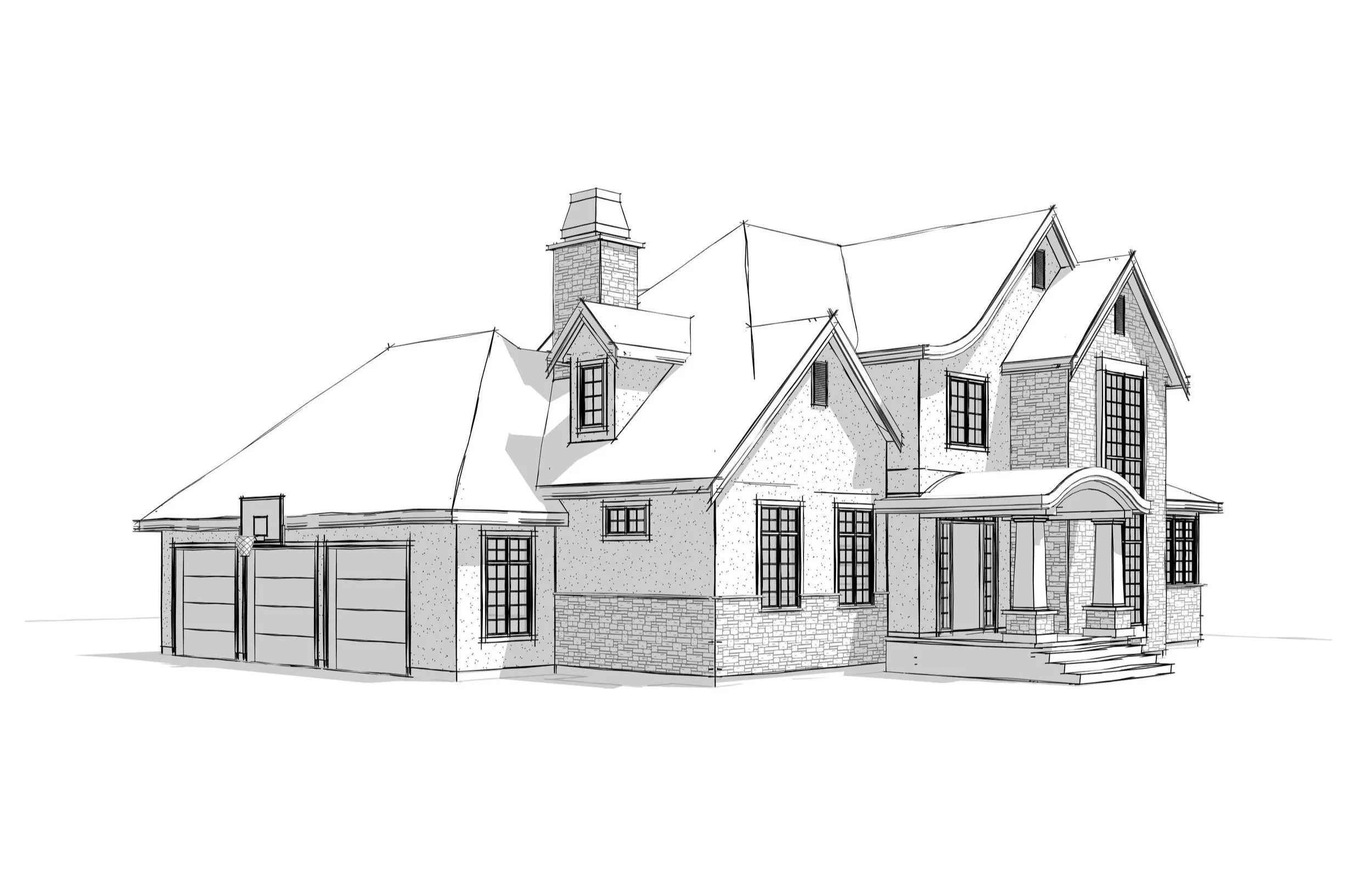 Architectural line drawing of a large, multi-story house with a gable roof, brick and stucco exterior, front porch, and attached garage.