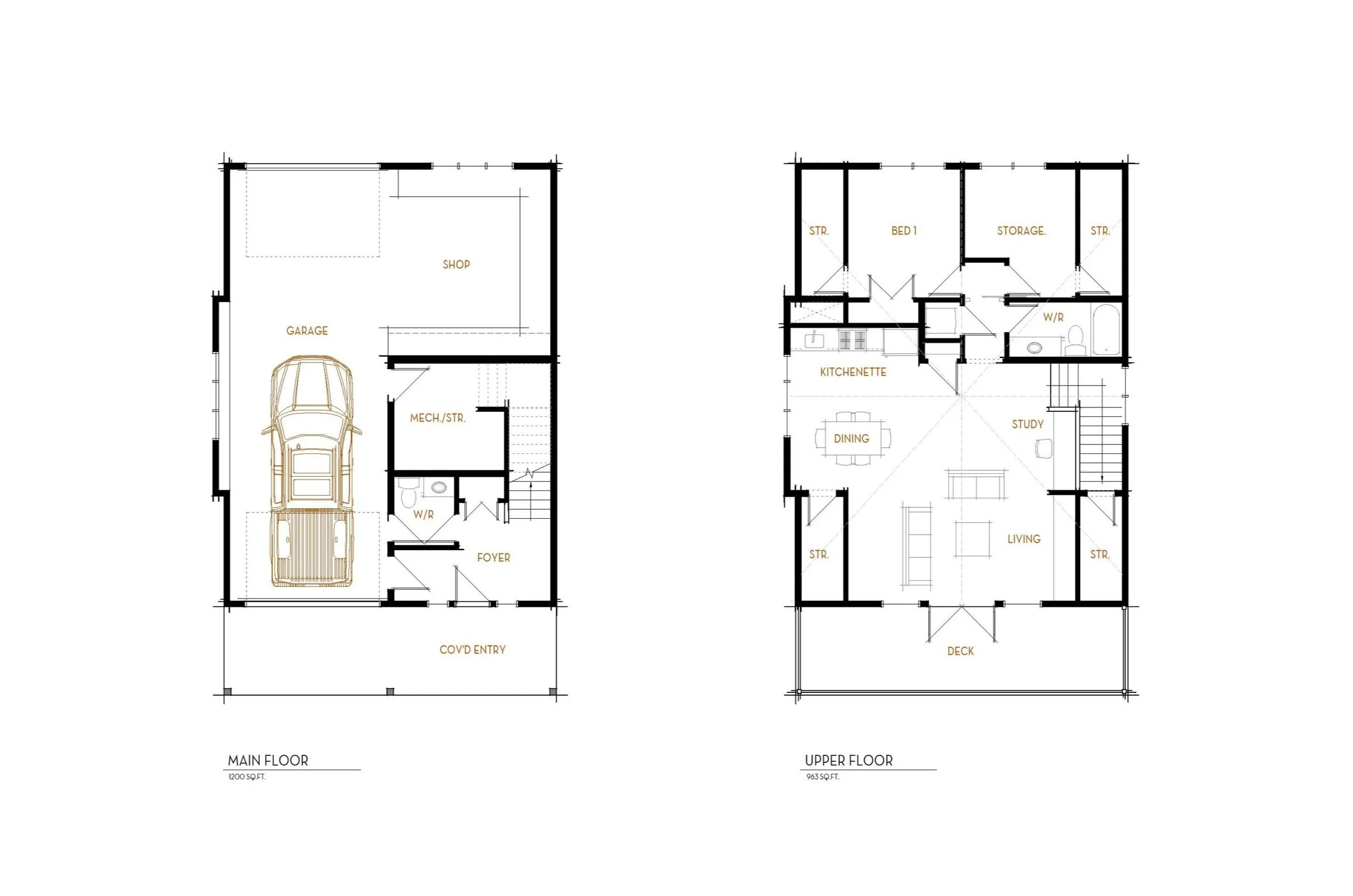 Floor plan of a two-story house with a main floor containing a garage, workshop, mechanical and storage room, foyer, and covered entry, and an upper floor with bedrooms, kitchenette, dining area, living room, study, storage, and deck.