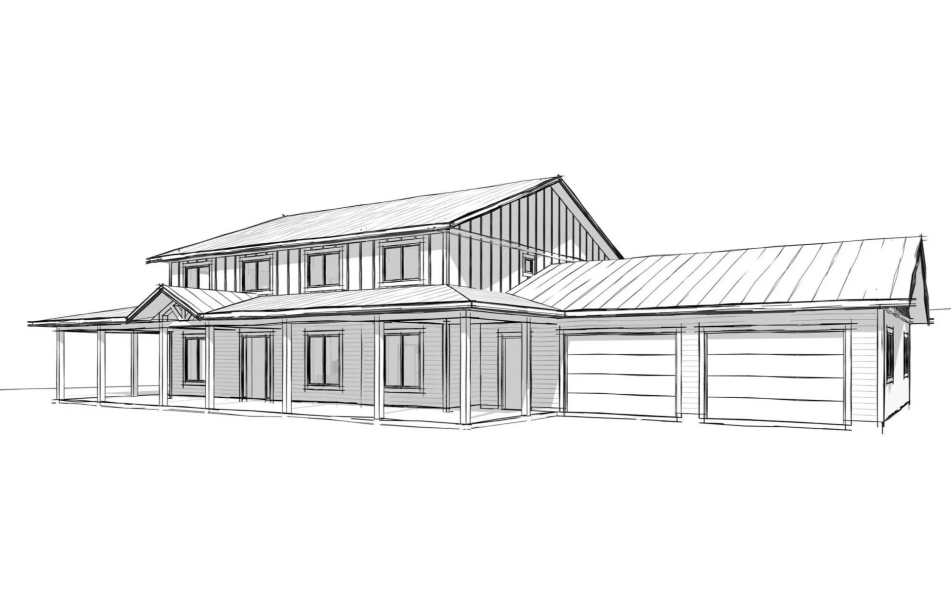Line drawing of a two-story house with a covered porch and two garage doors, featuring a pitched metal roof.