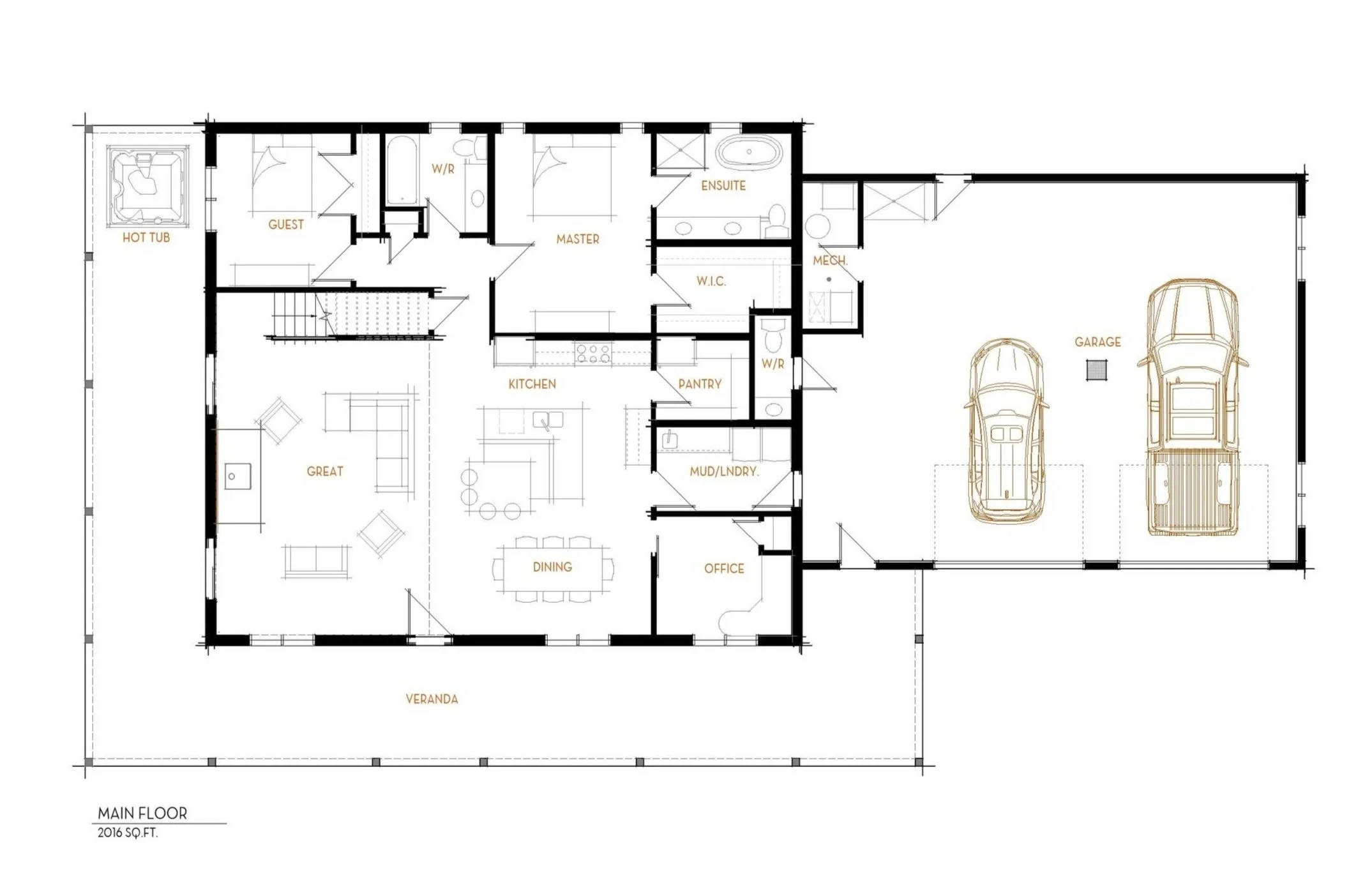 Floor plan of a house showing rooms such as guest room with hot tub, master bedroom, ensuite bathroom, walk-in closet, kitchen, pantry, great room, dining room, office, mud/laundry room, two-car garage, and a veranda exterior.