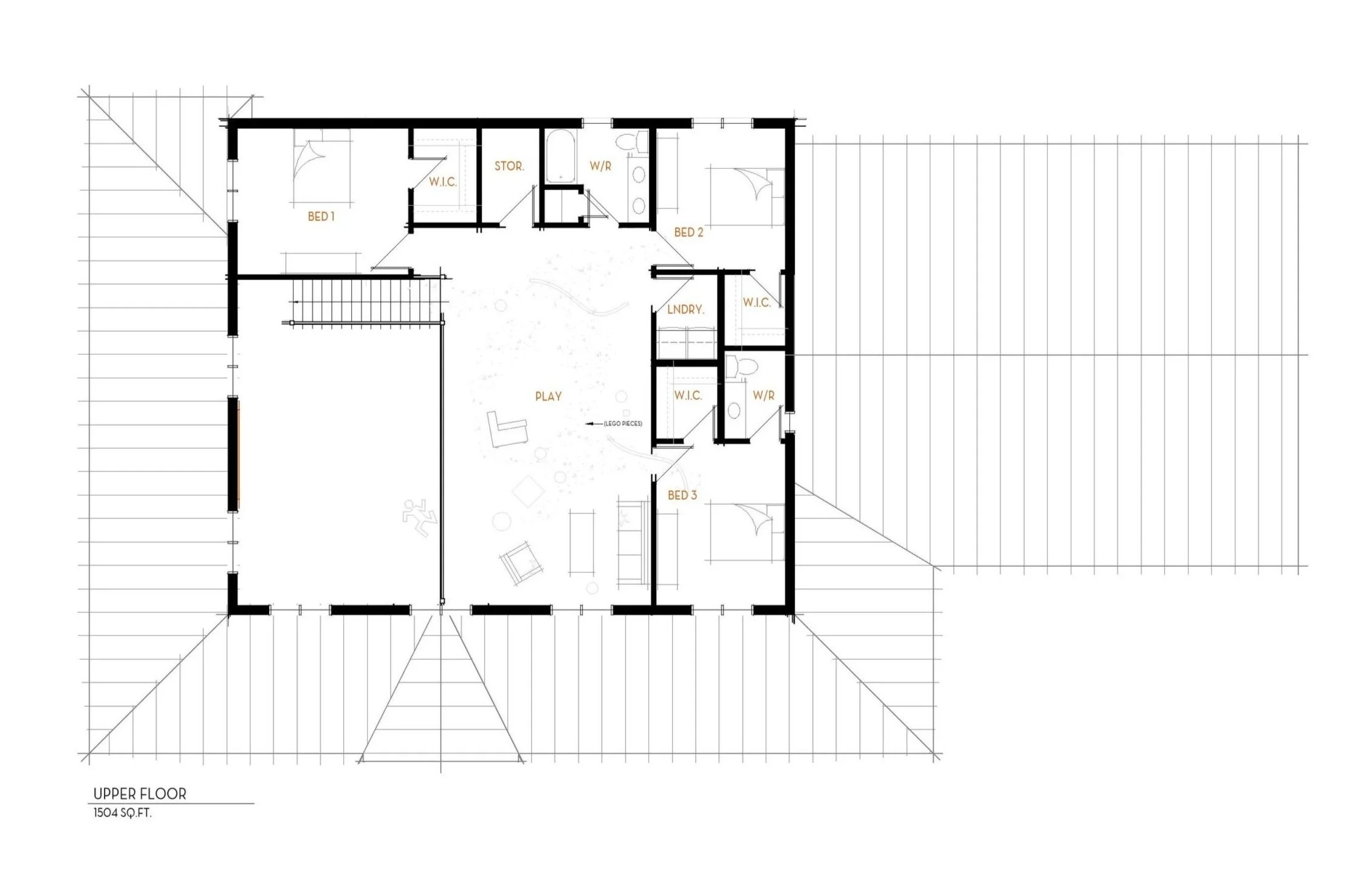 Architectural floor plan of a house's upper floor with three bedrooms, several bathrooms, a laundry room, and a large central play area.