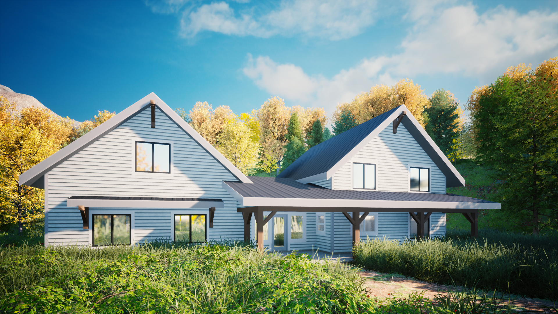 Two white houses with steep roofs and large windows, surrounded by green trees and grass, under a partly cloudy blue sky.