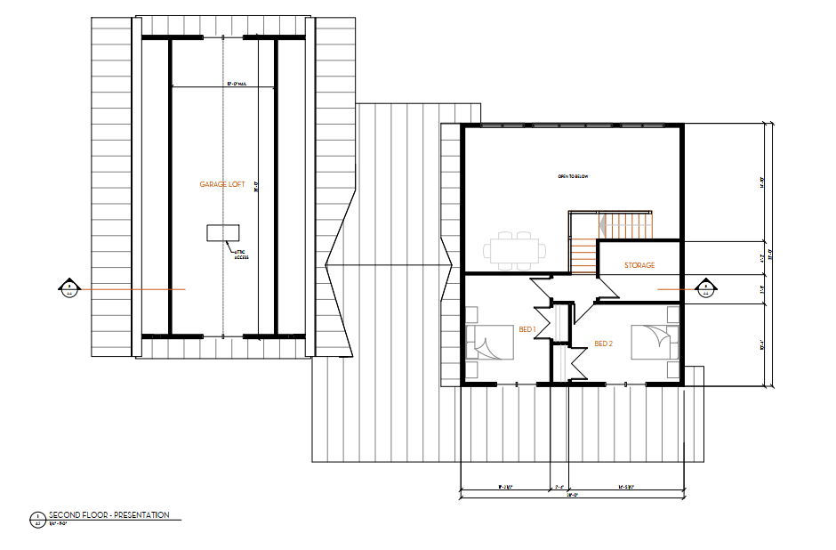 Architectural floor plan of a two-story house showing a garage loft, storage space, and two bedrooms on the upper floor.