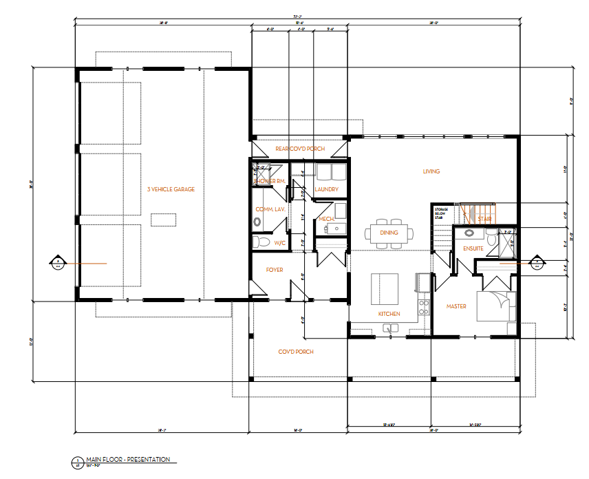 Architectural floor plan of a house showing various rooms including garage, porch, living room, kitchen, dining area, master bedroom with ensuite, laundry, mechanical room, and bathroom, with labeled dimensions.