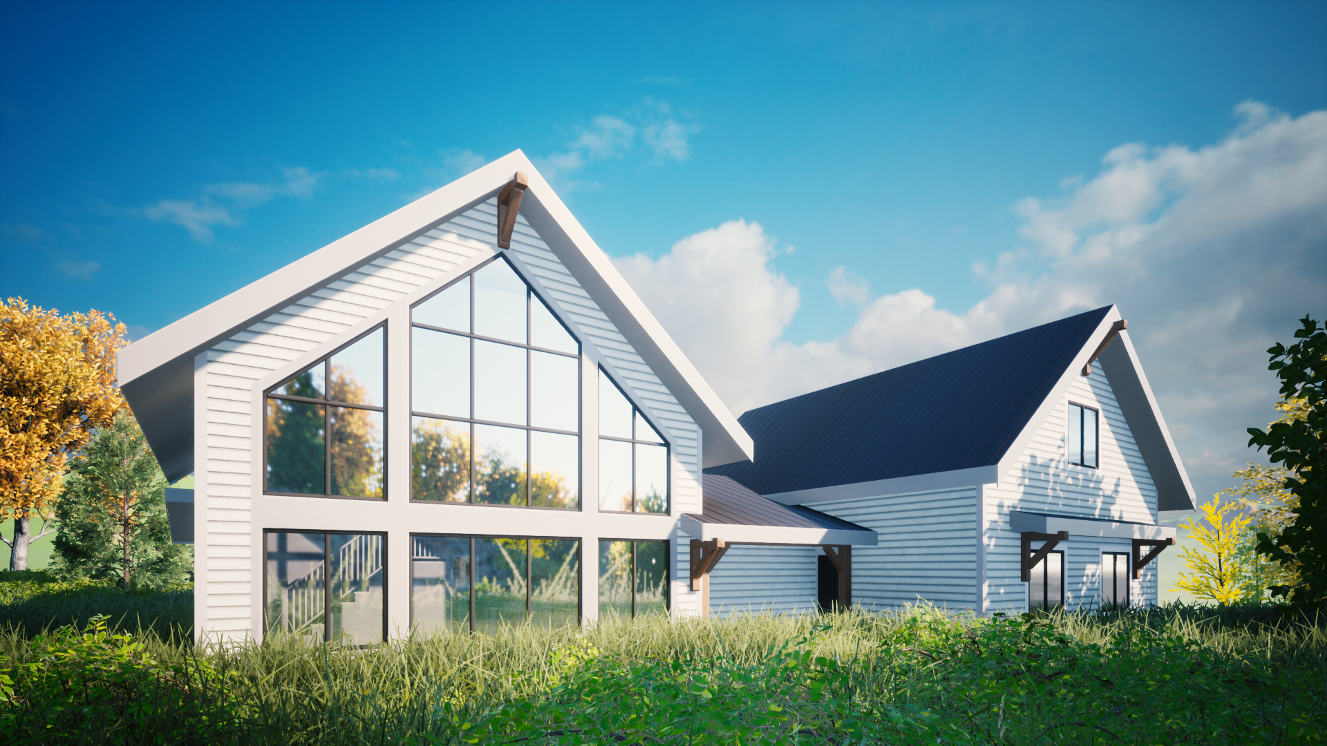 Modern house with large windows and a gabled roof, surrounded by green grass and trees, under a partly cloudy sky.