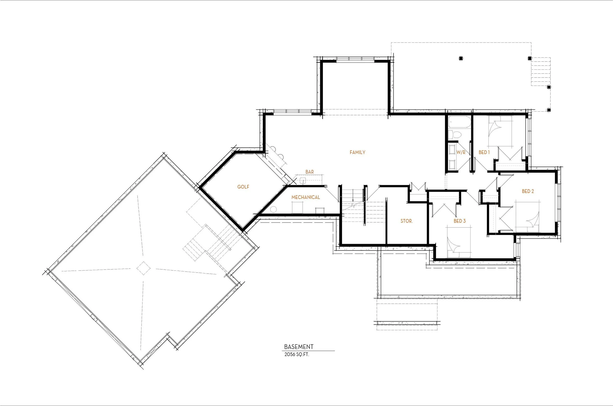 Floor plan of a basement with labeled rooms including golf room, mechanical room, family room, bedrooms 1, 2, and 3, bathroom, storage, and a bar area.