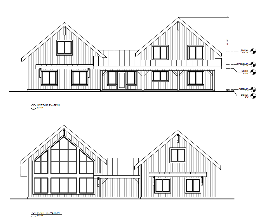 Architectural blueprint of a two-story house with front and side elevations, featuring gabled roofs, multiple windows, and vertical siding.