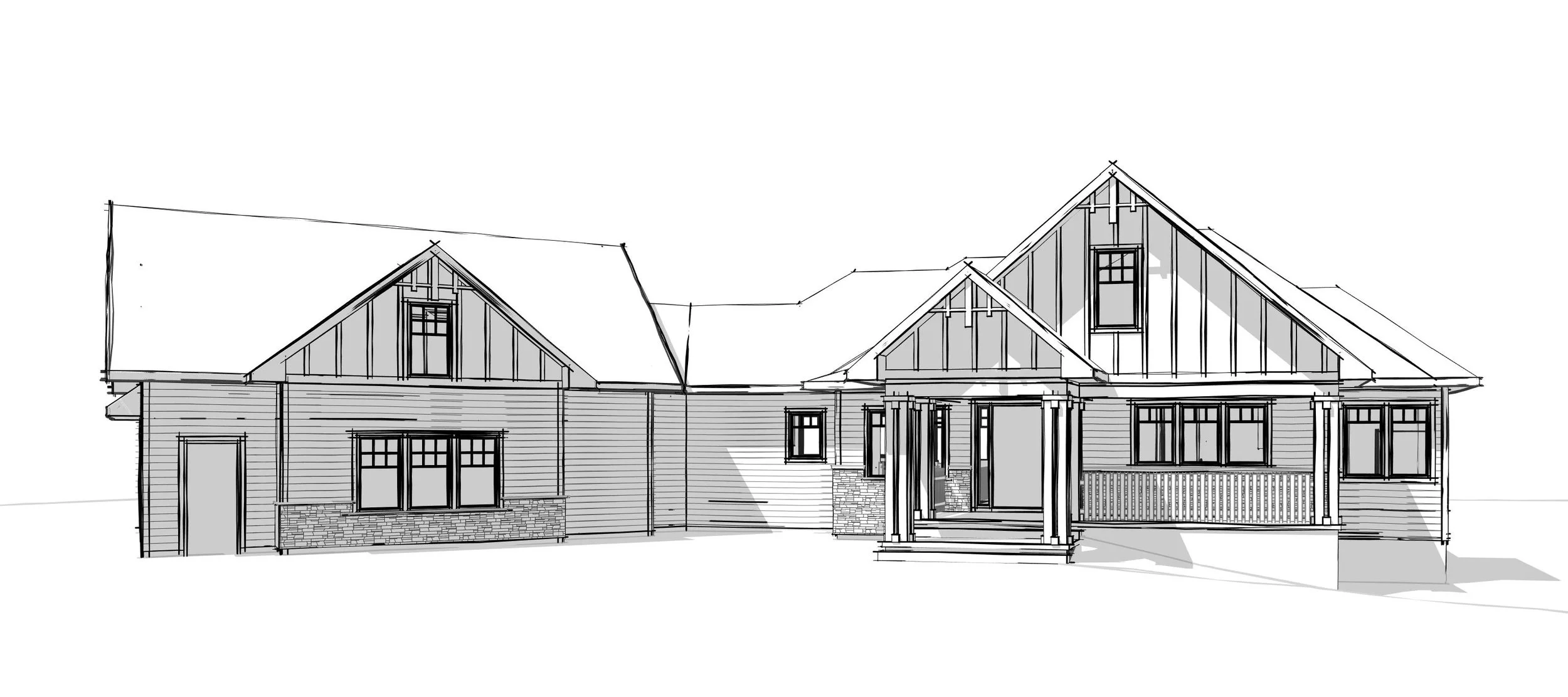 Architectural sketch of a house with a front porch, multiple gabled roofs, and various window styles, with some siding and brick accents.