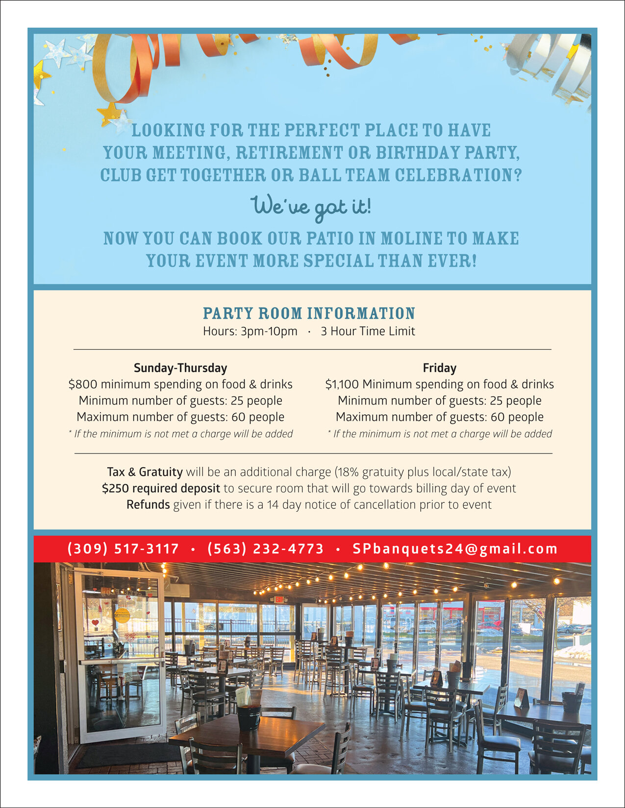 Plan your party at everyone&rsquo;s favorite burger bar! Head to our website for more information: www.steelplowburger.com/party-rentals