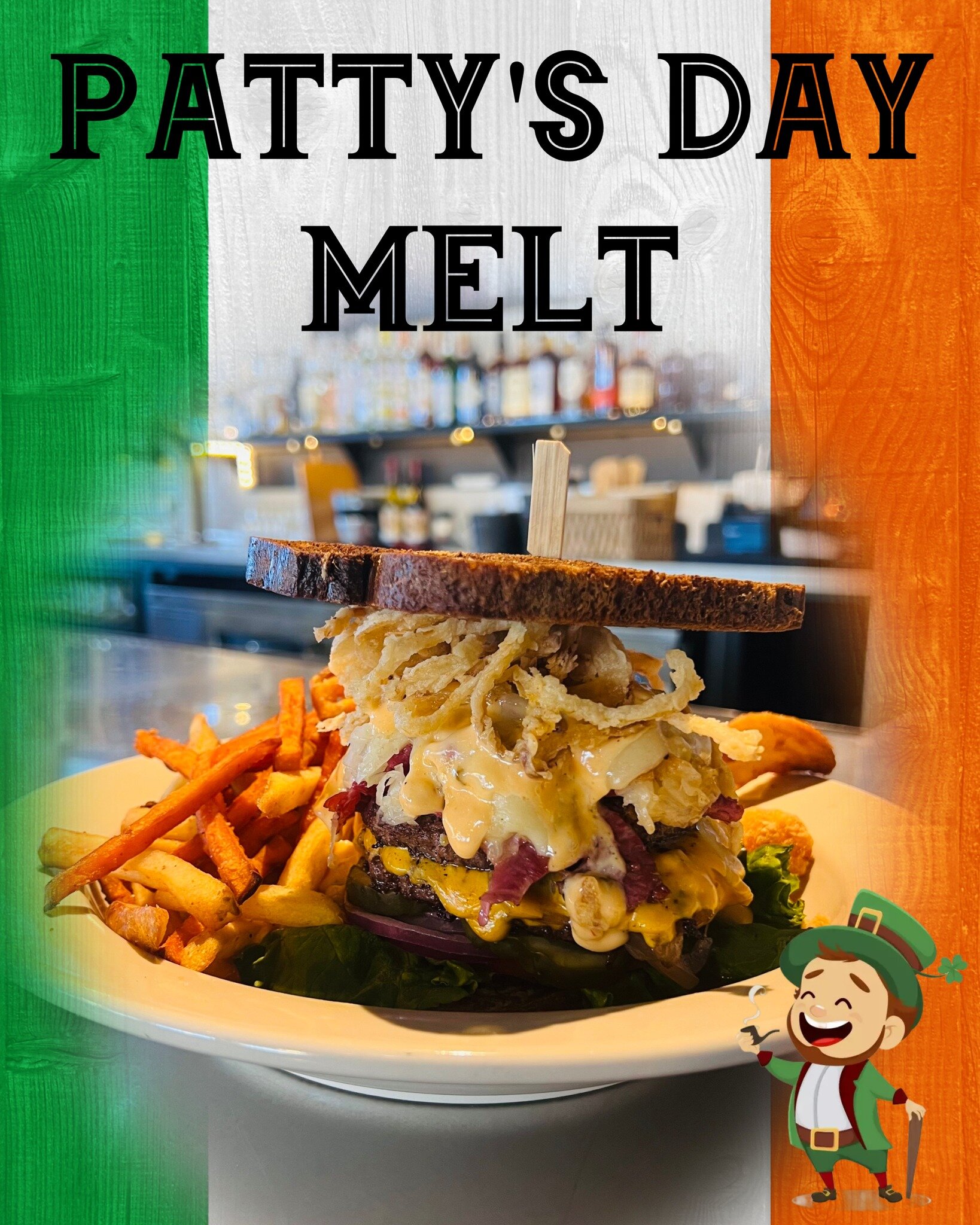 🍔 Patty's Day Melt! 🍀

Get ready to savor the ultimate celebration in every bite with our exclusive Patty's Day Melt burger! Crafted to tantalize your taste buds with a fusion of flavors that will leave you wanting more.

FEATURING:
Rye Bread: A cl