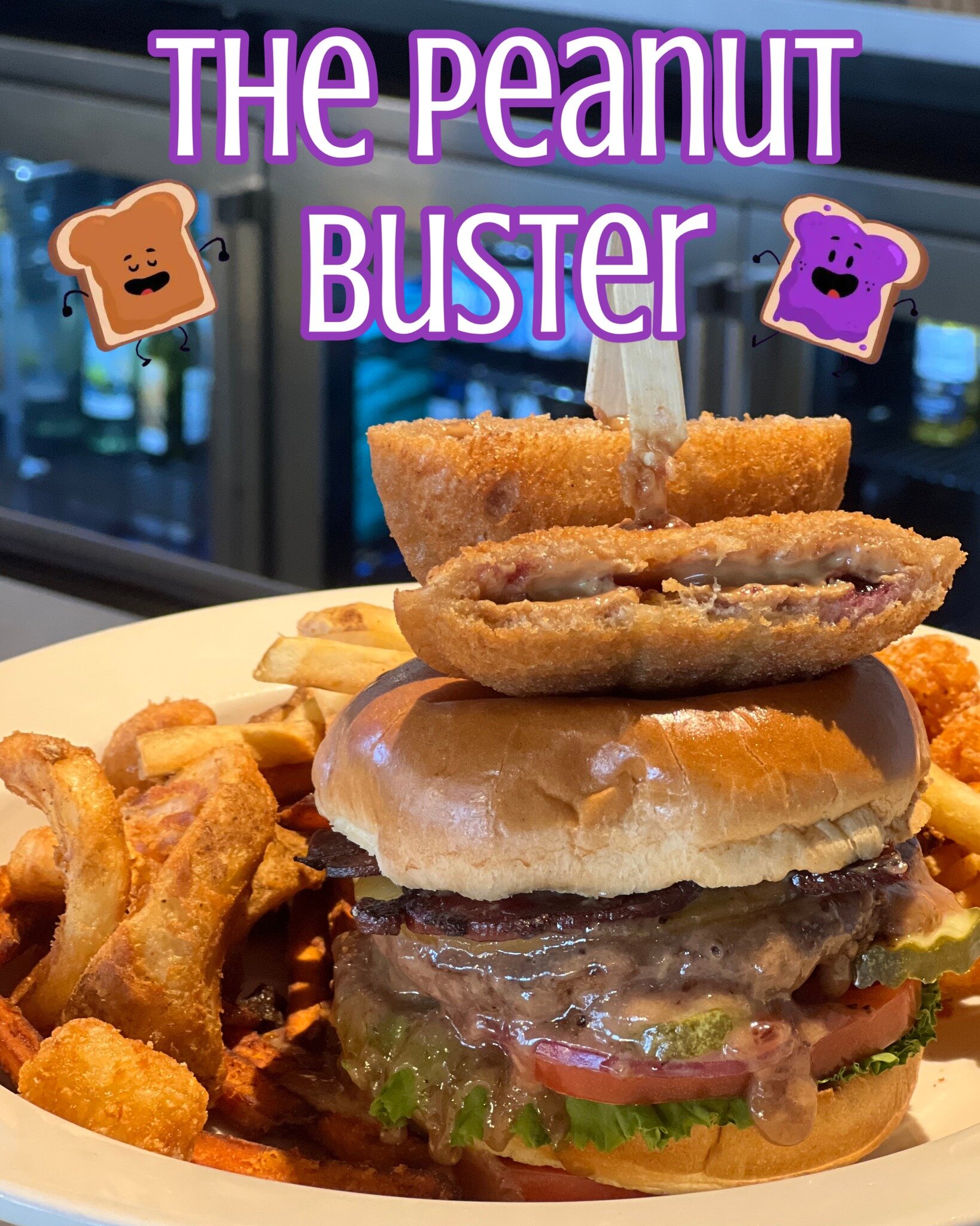 Introducing &quot;The Peanut Buster&quot; burger! 🥜🍇

A soft and buttery brioche bun, generously spread with creamy peanut butter and sweet jelly, creating a delectable base for what's to come. Layered on top are fresh lettuce, juicy tomato slices,