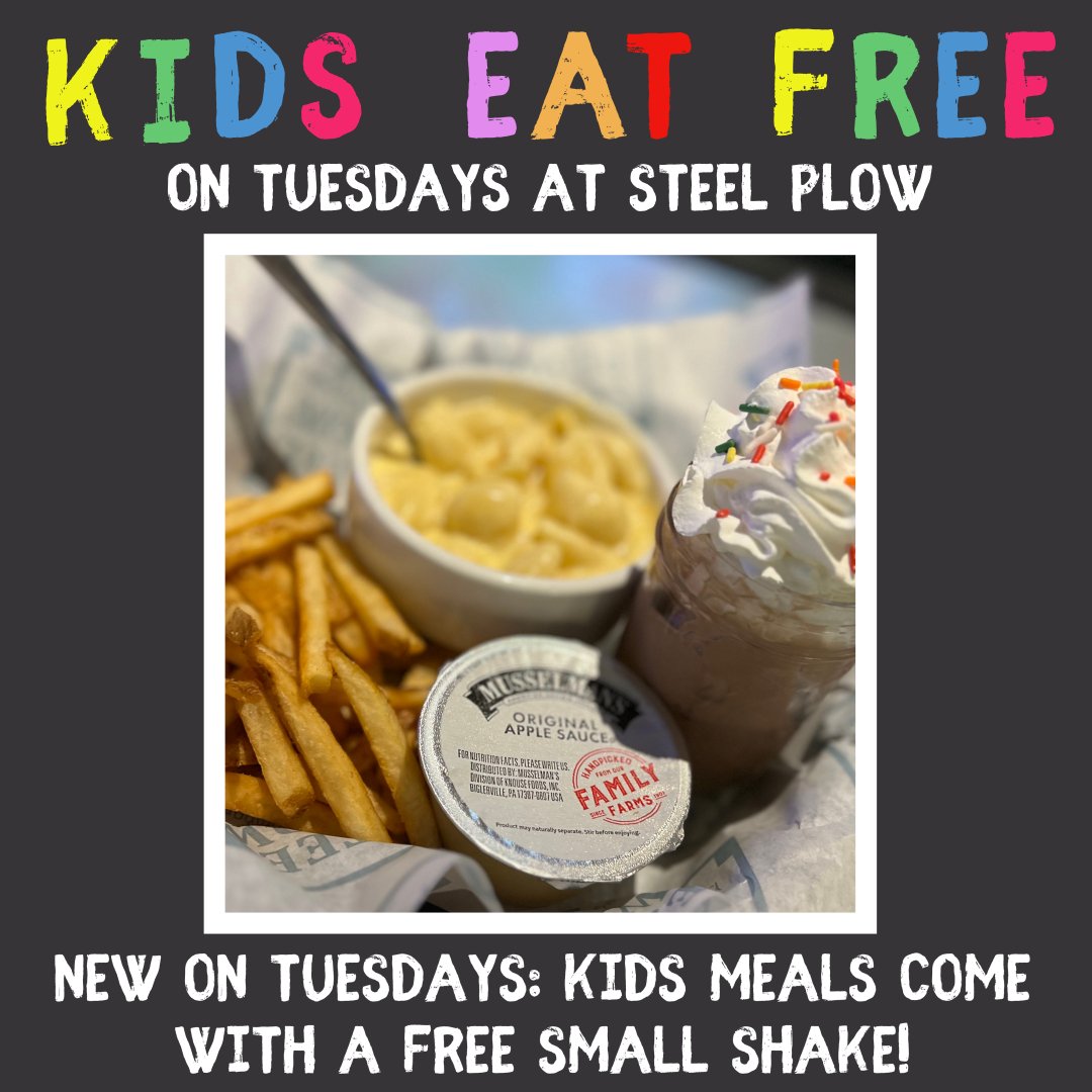 Kids eat FREE on Tuesday's with a paid adult entree! Limit 3.
