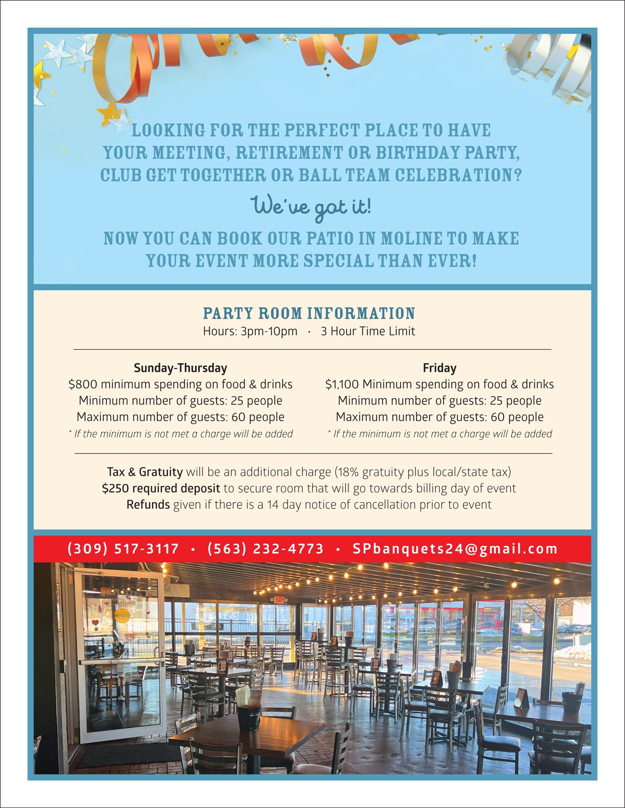 Plan your party at everyone&rsquo;s favorite burger bar! Head to our website for more information: www.steelplowburger.com/party-rentals