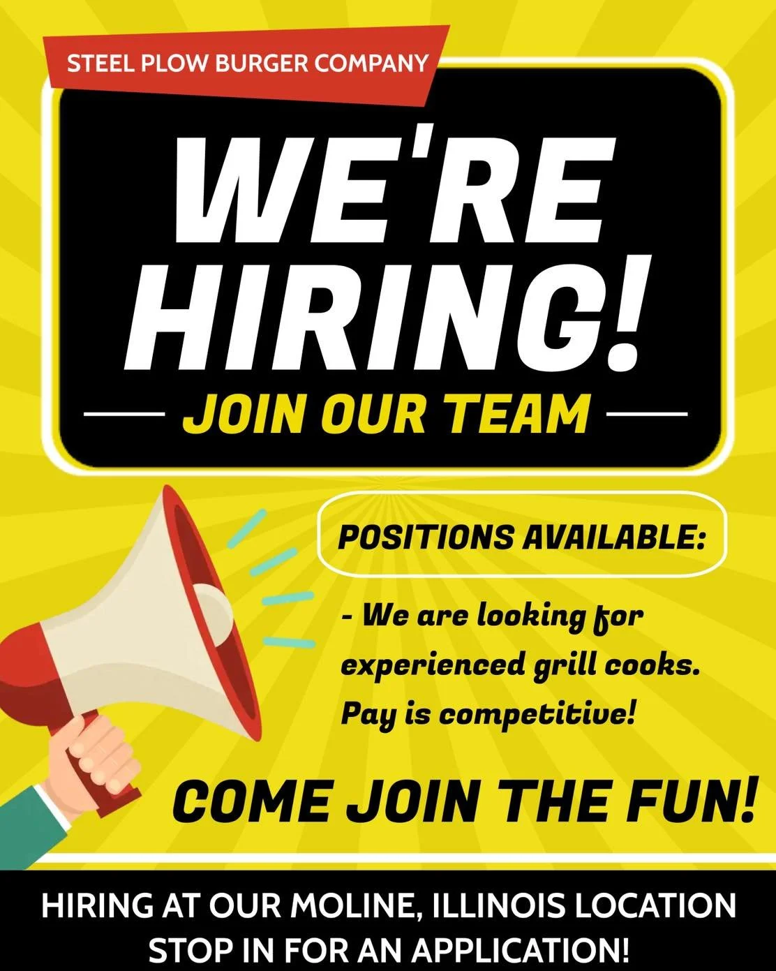 🚨 NOW HIRING- ASAP! 🚨
We need experienced grill cooks right now at our Moline location. Competitive pay, great team, and plenty of fun on the grill.

🔥 Stop in today and apply!