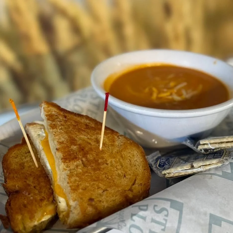 Cold day cure = unlocked 🥶🧀🍅

Grilled cheese + tomato soup for $9.99 at Steel Plow is basically a warm hug in a bowl.

We&rsquo;re open- Come thaw out with us!