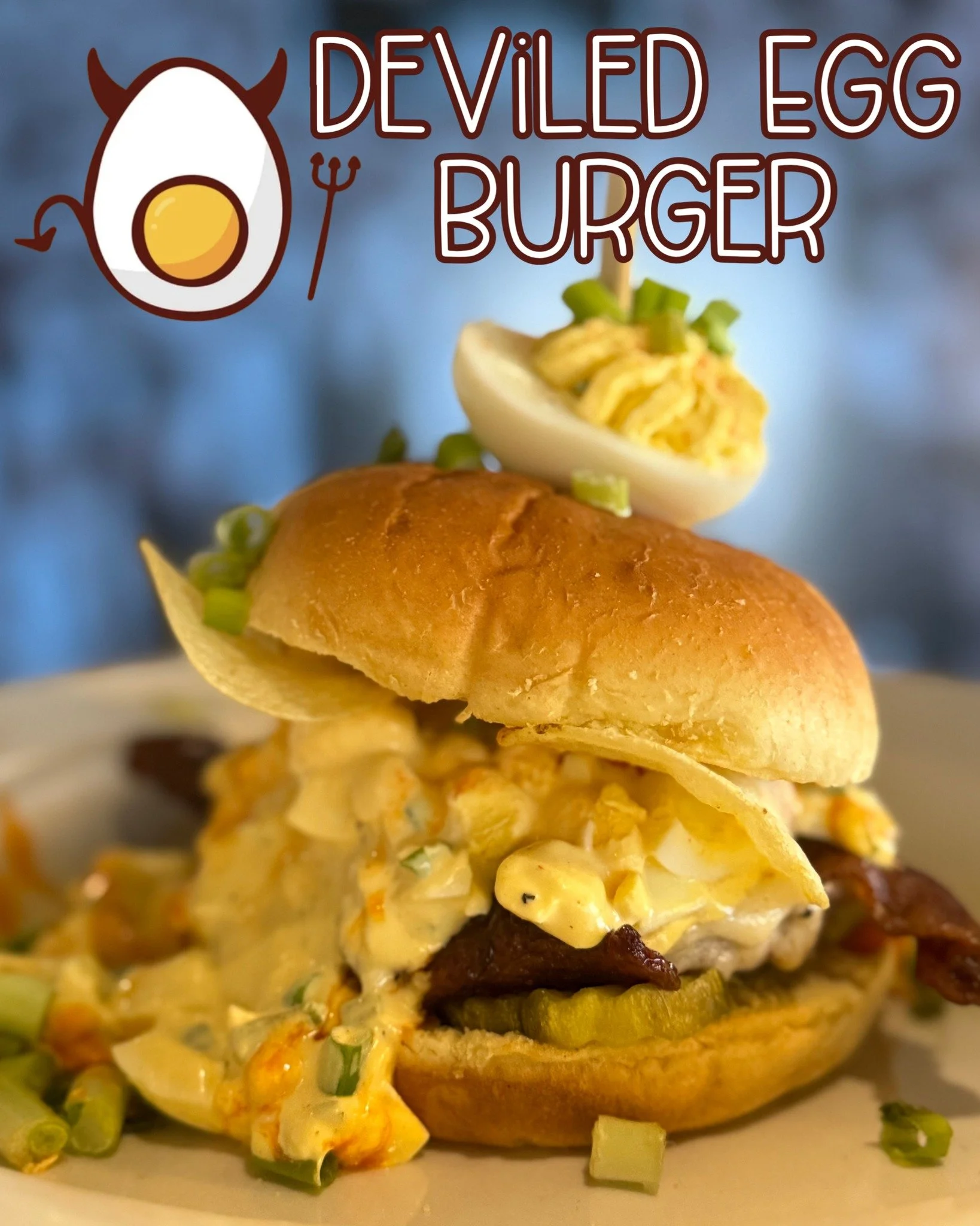 January called&hellip; it wants DEVILED EGGS. 🥚🔥

Come try our Deviled Egg Burger - prime beef, provolone, bacon, a generous scoop of egg salad, crunchy chips, hot sauce drizzle, and a deviled egg skewer on top.

Only at Steel Plow. Only this month