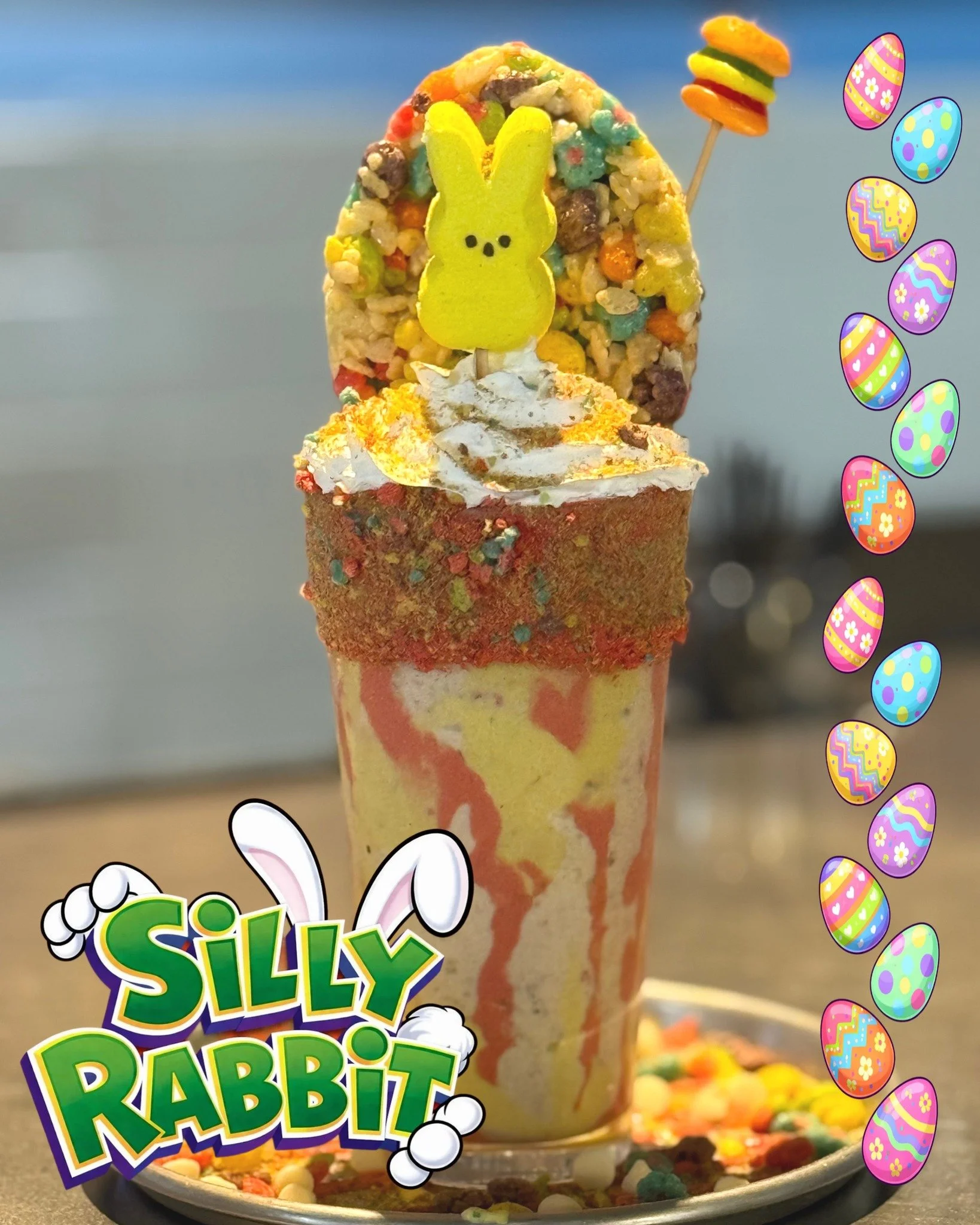 April&rsquo;s Shake of the Month is here&hellip; and it&rsquo;s bringing ALL the nostalgia 🎉🐰🍦

The Silly Rabbit 🌈

Loaded with vanilla ice cream, fruity syrup, Trix (crushed AND uncrushed 😍), marshmallows, whipped cream, a homemade rice crispy 