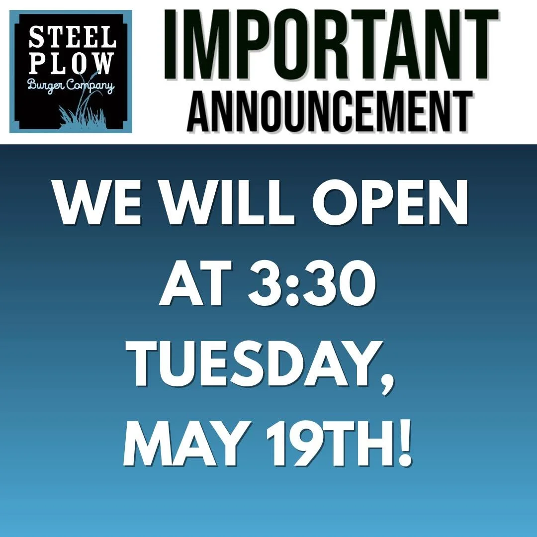 🚨 GOOD NEWS! 🚨

Our technical issues in Moline have been fixed and we are excited to welcome everyone back! 🍔🍟🥤

Steel Plow Burger Company will officially open at 3:30 PM on Tuesday, May 19th. Come see us, grab your favorites, and help us kick t