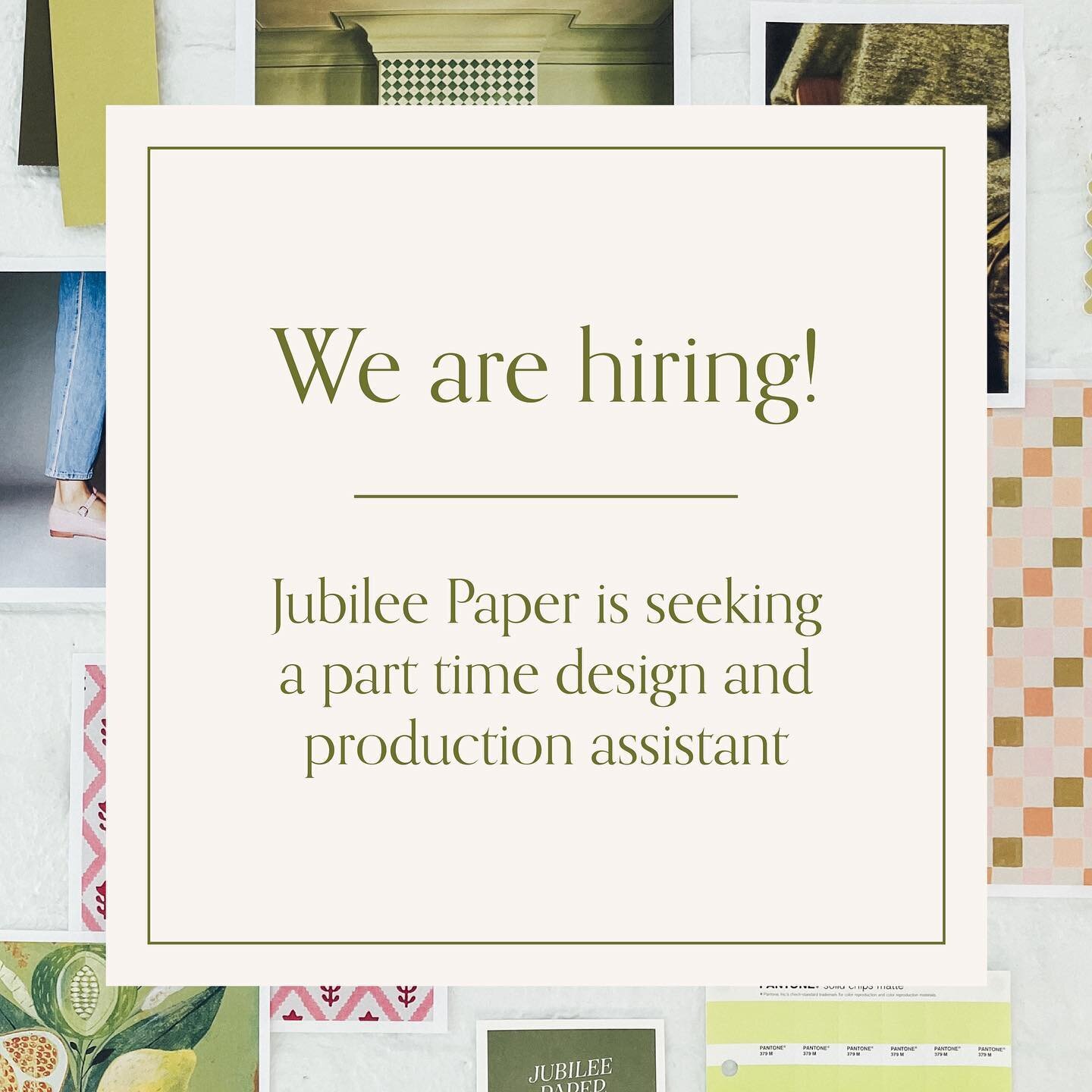 Exciting news&mdash;Jubilee Paper is hiring! We&rsquo;re looking for a part time design and production assistant to help with design updates, print production, invitation assembly, and social media content creation. Tag anyone who you think would be 