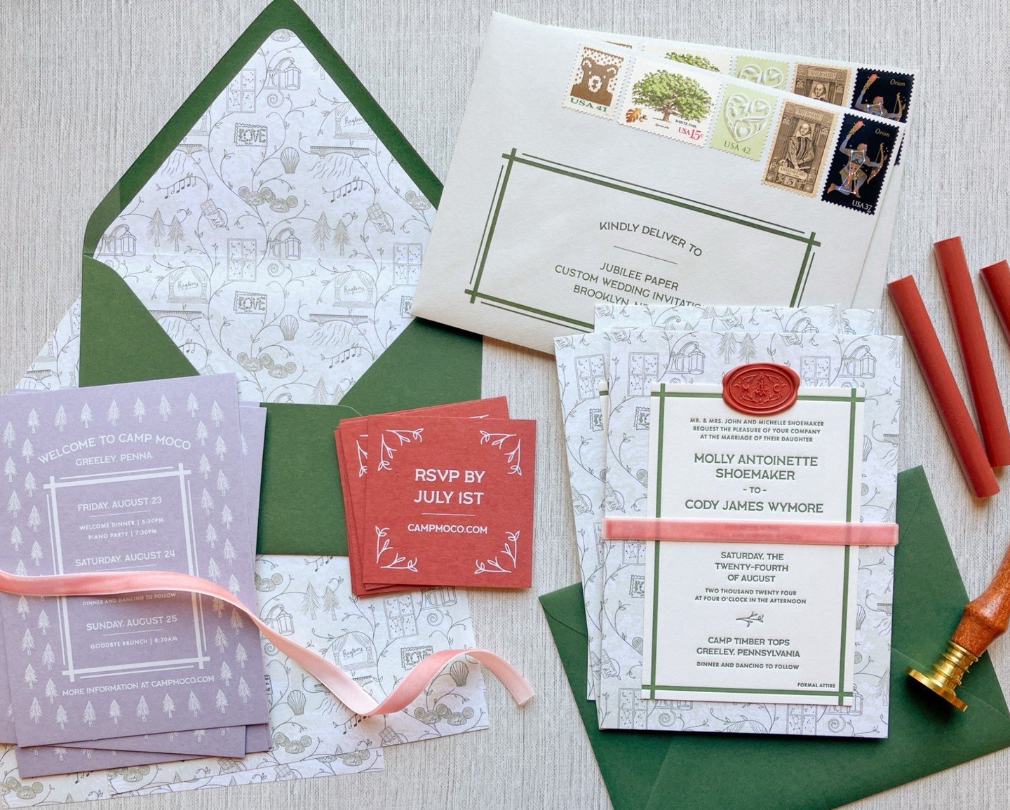 M+C wanted invitations inspired by their summer camp wedding venue without leaning *too* hard on the camp theme. I designed and invitation suite that evokes The Parent Trap while still being elevated and special. I illustrated a custom toile pattern 