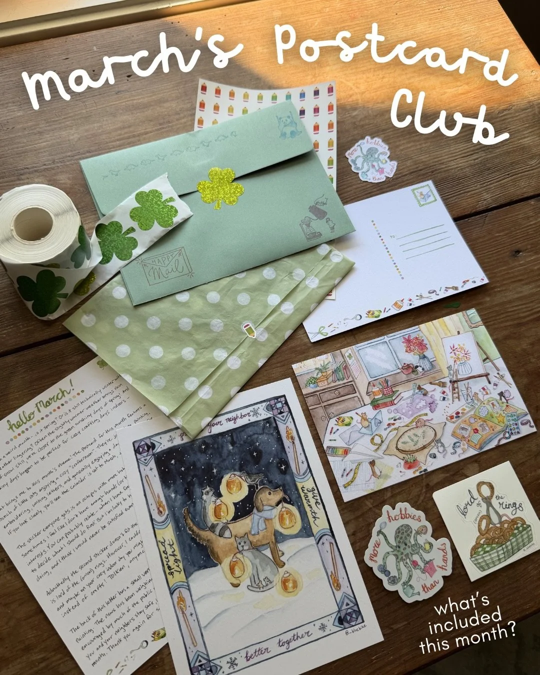 Time for March&rsquo;s Postcard Club mailing reveal! 
The postcard for this month features a bunch of little rats enjoying a cozy &ldquo;crafternoon&rdquo;. 🐀 🧶✂️🎨📖

The sticker everyone gets is an octopus with more hobbies than hands! The vinyl 