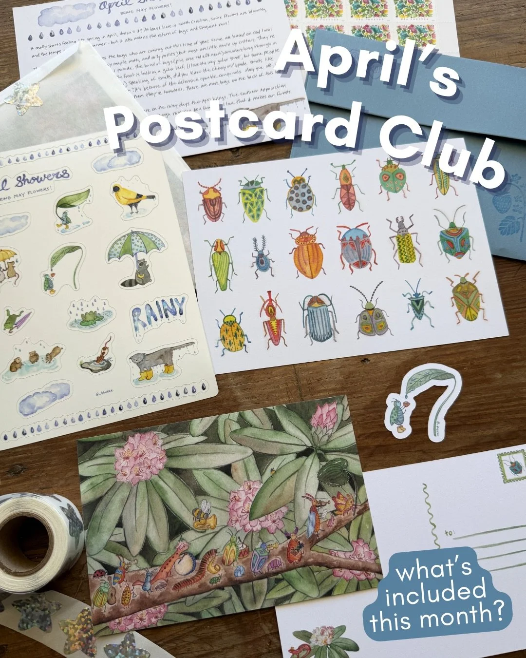 No April Fools here - introducing April&rsquo;s Postcard Club contents! 

🐛 🐞 🌱 It really starts feeling like spring when April comes around! At least here in North Carolina, some flowers are blooming and the temps are getting warmer - but it also
