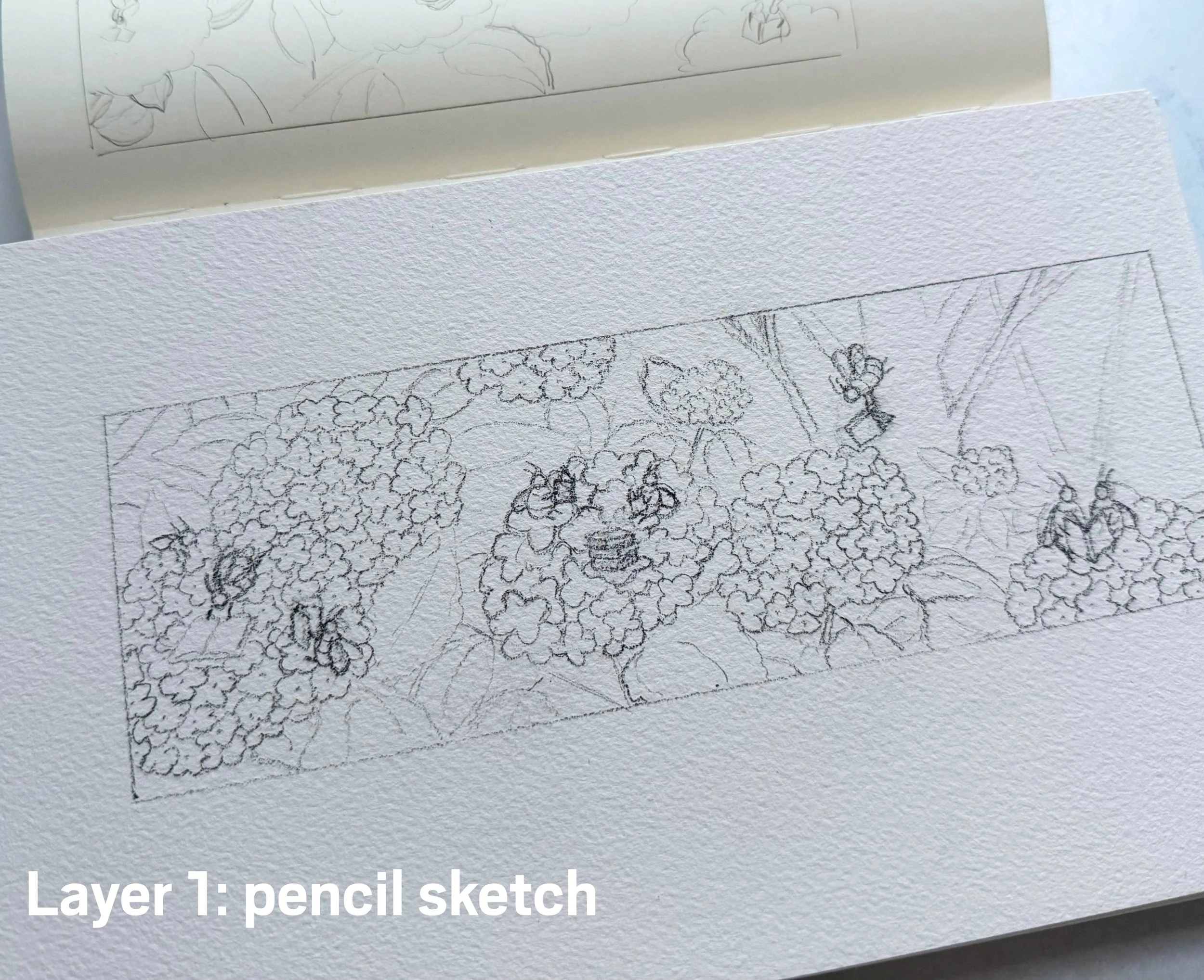 A mini watercolor painting, layer by layer! 🐝 📖 🪻

Thinking about turning these reading bees into a bookmark - they&rsquo;re all settled in with their books on the hydrangeas (which should start blooming later this month or in June!) 📚 

#whimsic