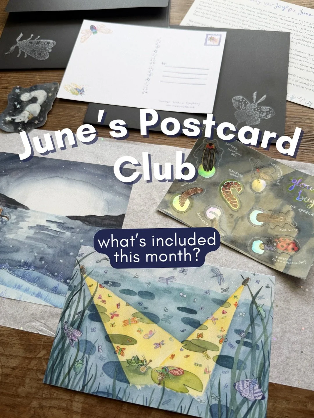 Introducing June&rsquo;s mailing for the monthly Postcard Club!  It&rsquo;s a nighttime bug theme for summer 🐛 🪲 ✨ The watercolor postcard is the &ldquo;summer solstice symphony&rdquo; and the stickers include the holographic &ldquo;glow beetles&rd