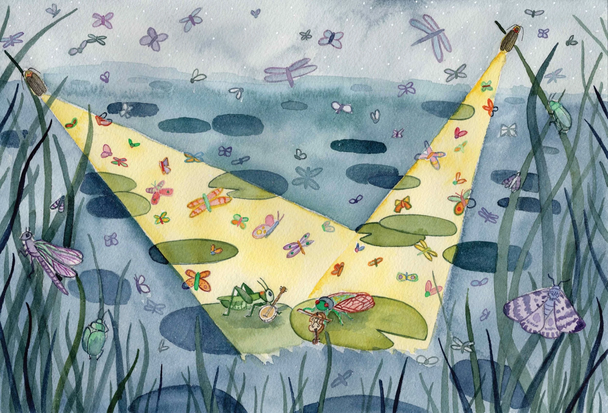 A closer look at my &rdquo;Summer Solstice Symphony&rdquo; watercolor painting! 🪕🦗🎻🪲✨ 

The solstice (longest night of the year) happens this month, and in this painting the cricket and cicada have organized a summer symphony at the lake to celeb