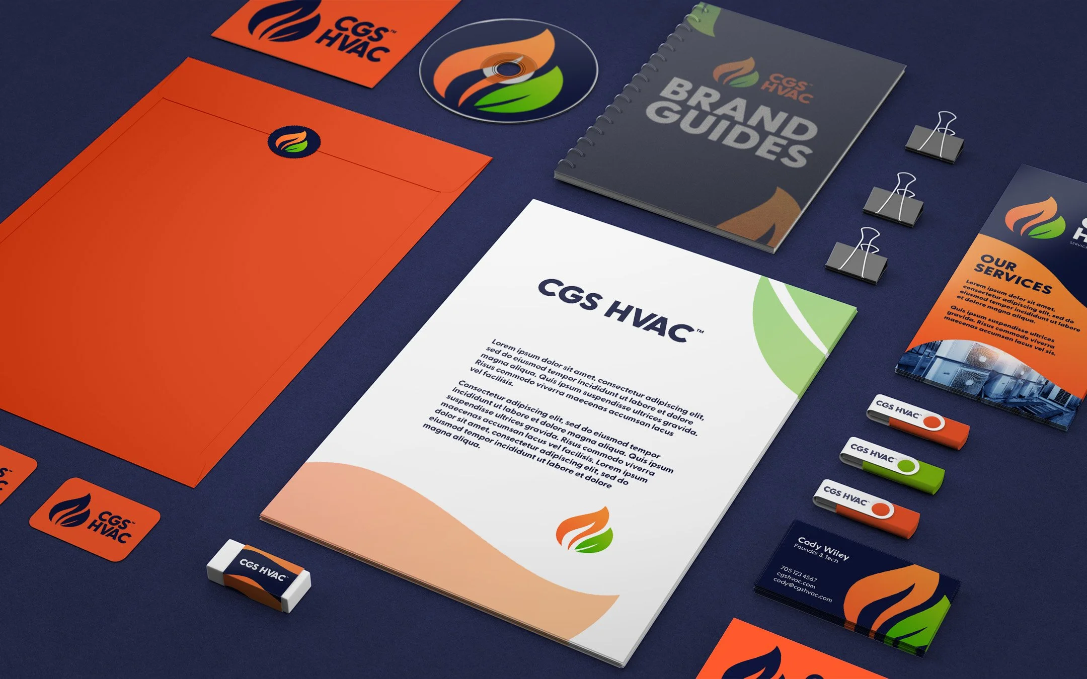 Mockup of branded stationery on dark background