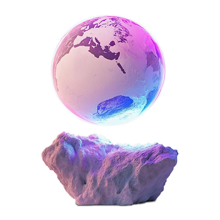 Planet earth hovering over a chunk of rock