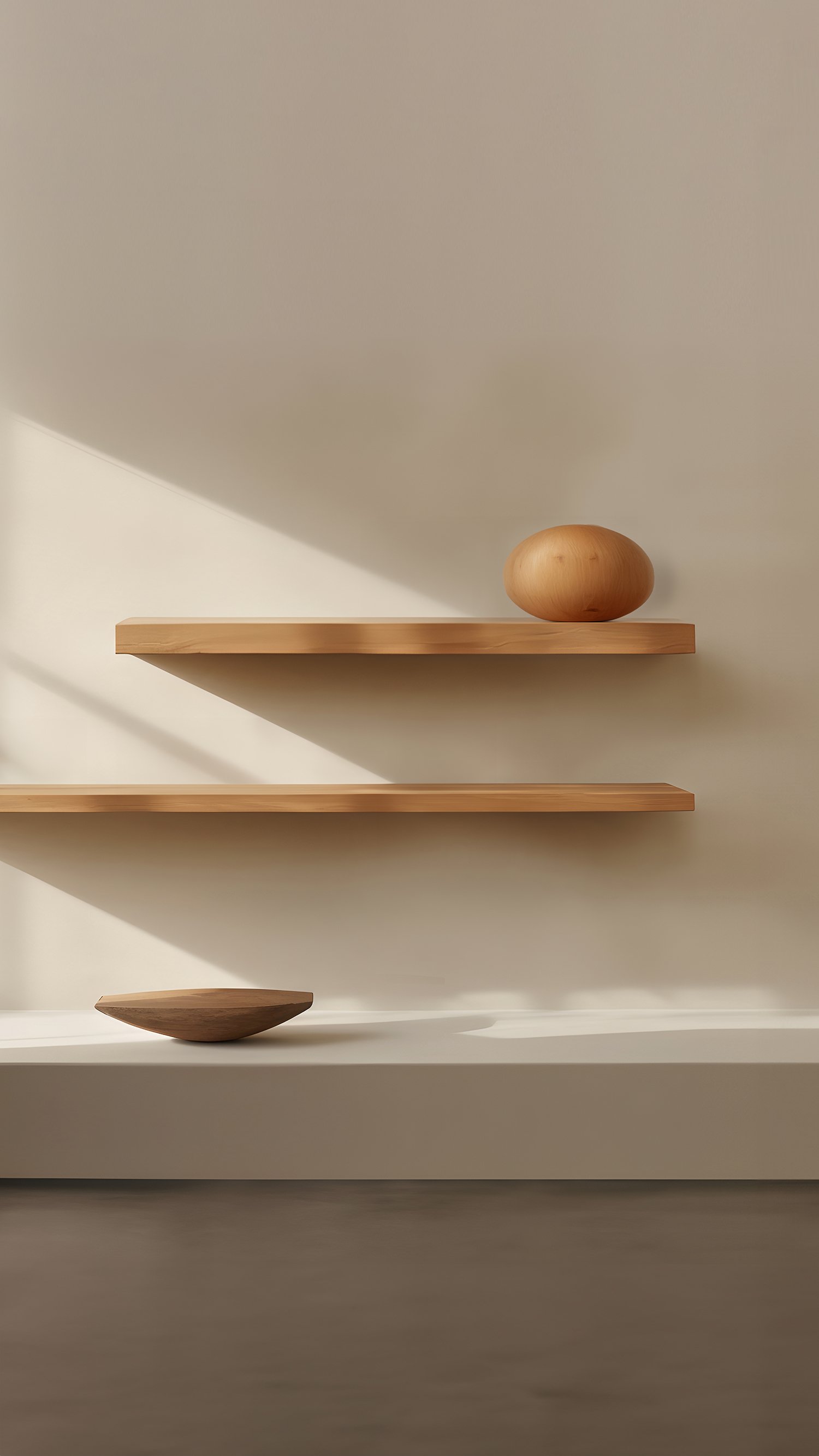 Individual Floating Shelf with One Sculptural Wooden Pebble Accent, Sereno by Joel Escalona — 5.jpg