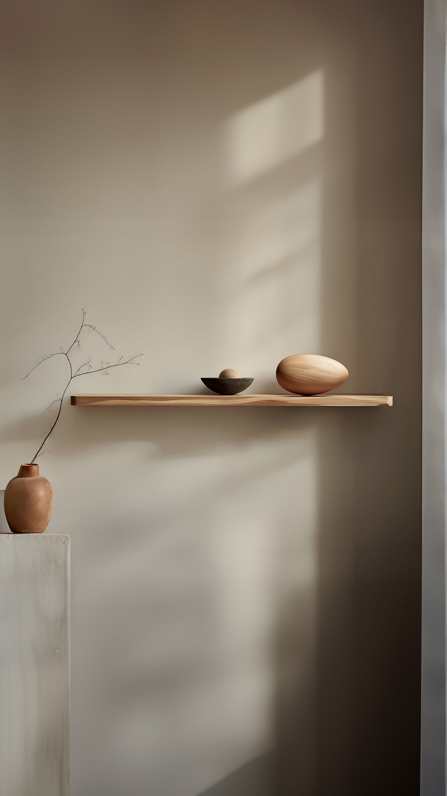 Individual Floating Shelf with One Sculptural Wooden Pebble Accent, Sereno by Joel Escalona — 3.jpg