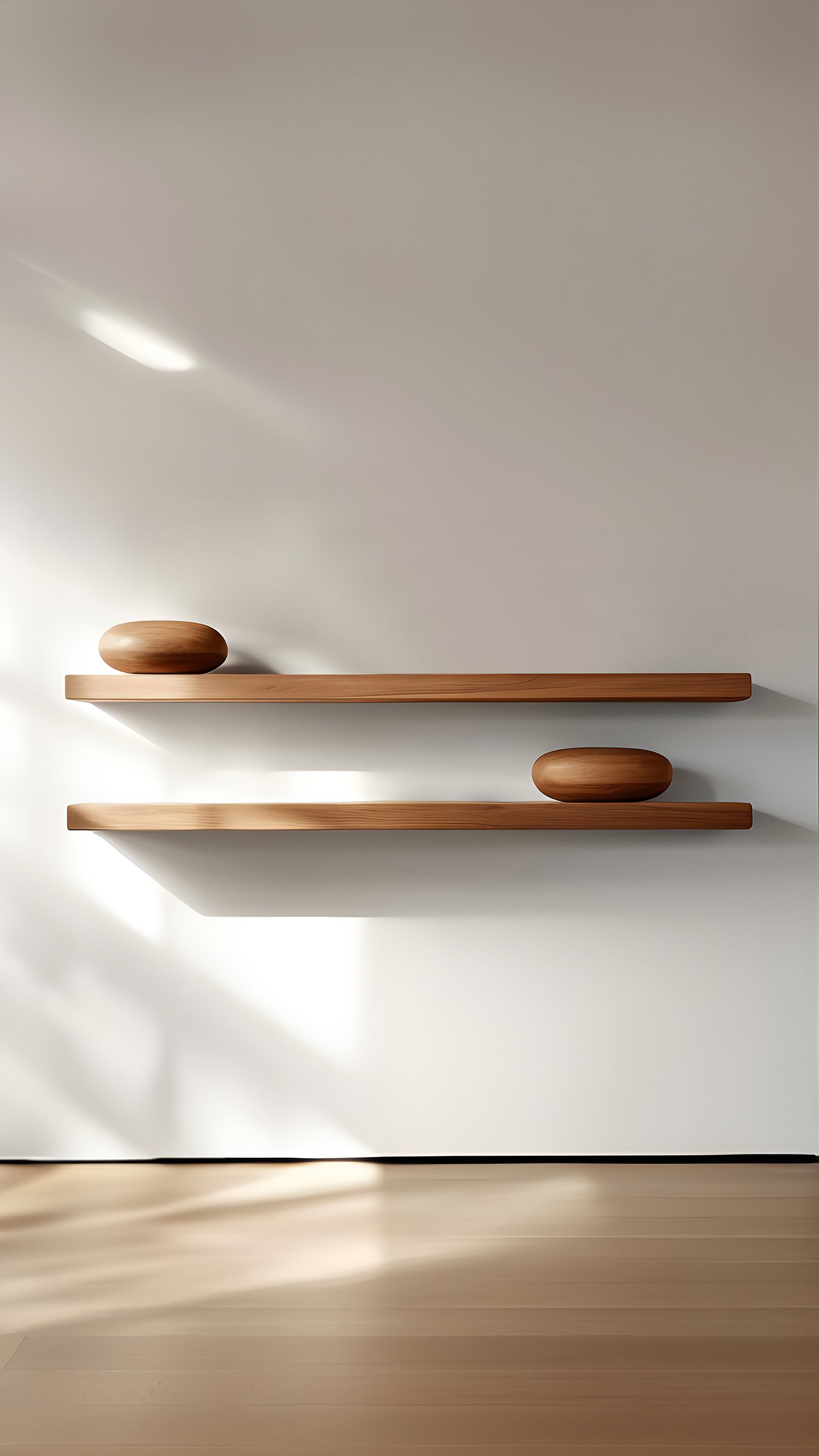 Individual Floating Shelf with One Sculptural Wooden Pebble Accent, Sereno by Joel Escalona — 7.jpg