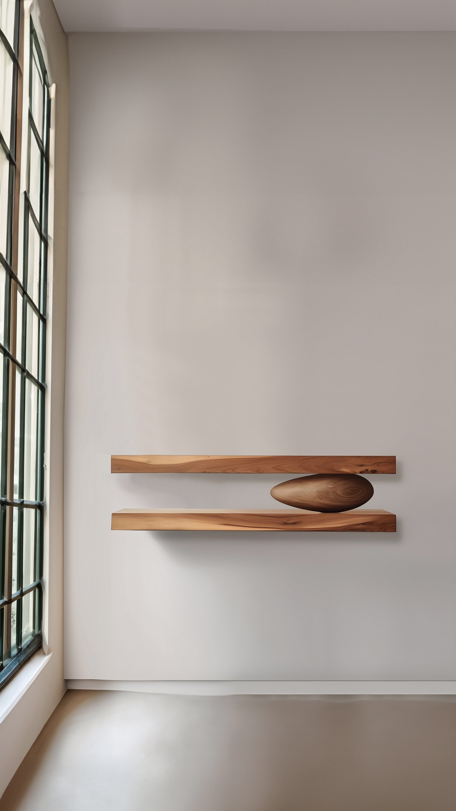 Set of Two Floating Shelves with One Sculptural Wooden Pebble Accent in the Middle, Sereno by Joel Escalona — 6.jpg