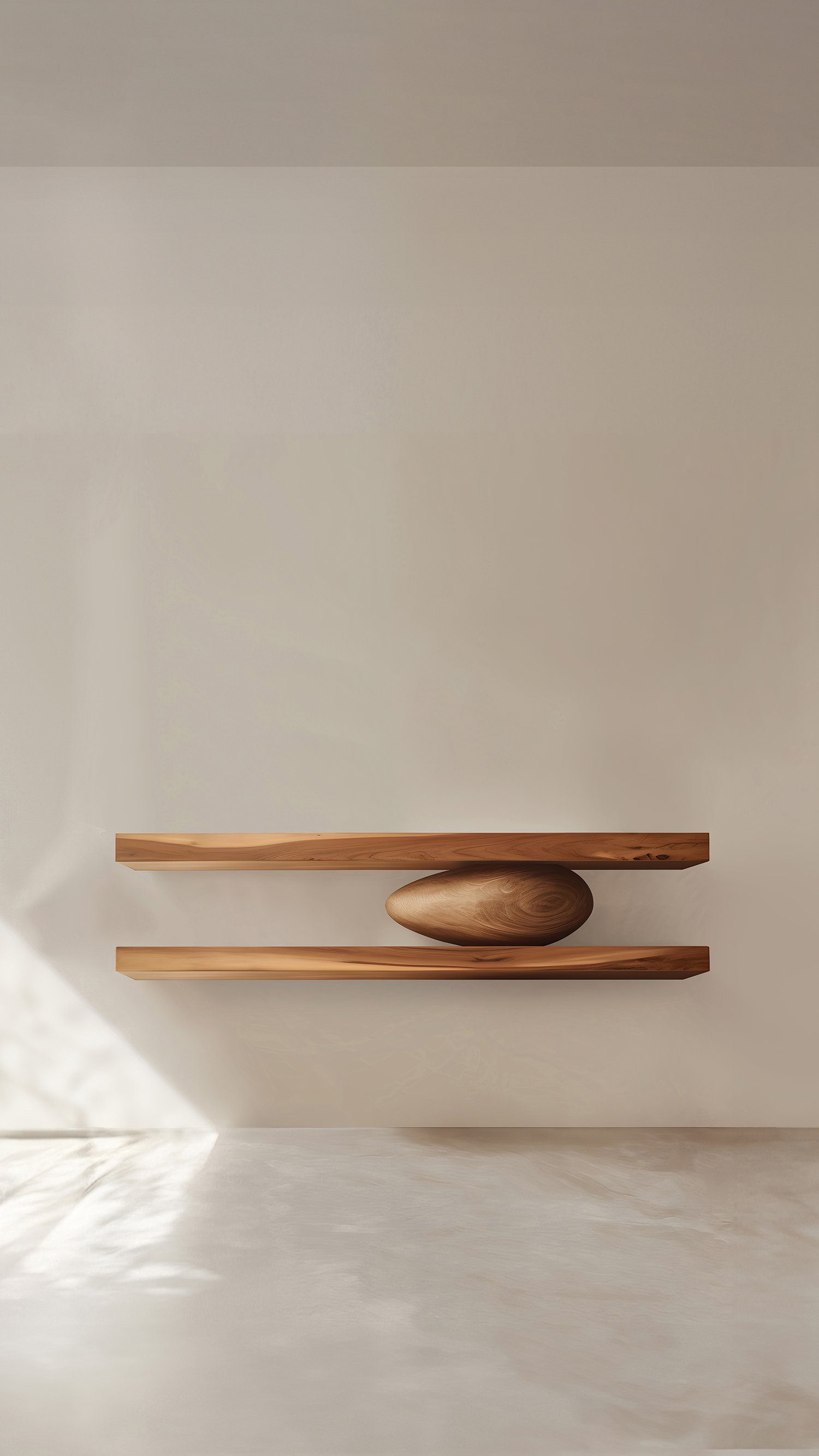 Set of Two Floating Shelves with One Sculptural Wooden Pebble Accent in the Middle, Sereno by Joel Escalona — 3.jpg