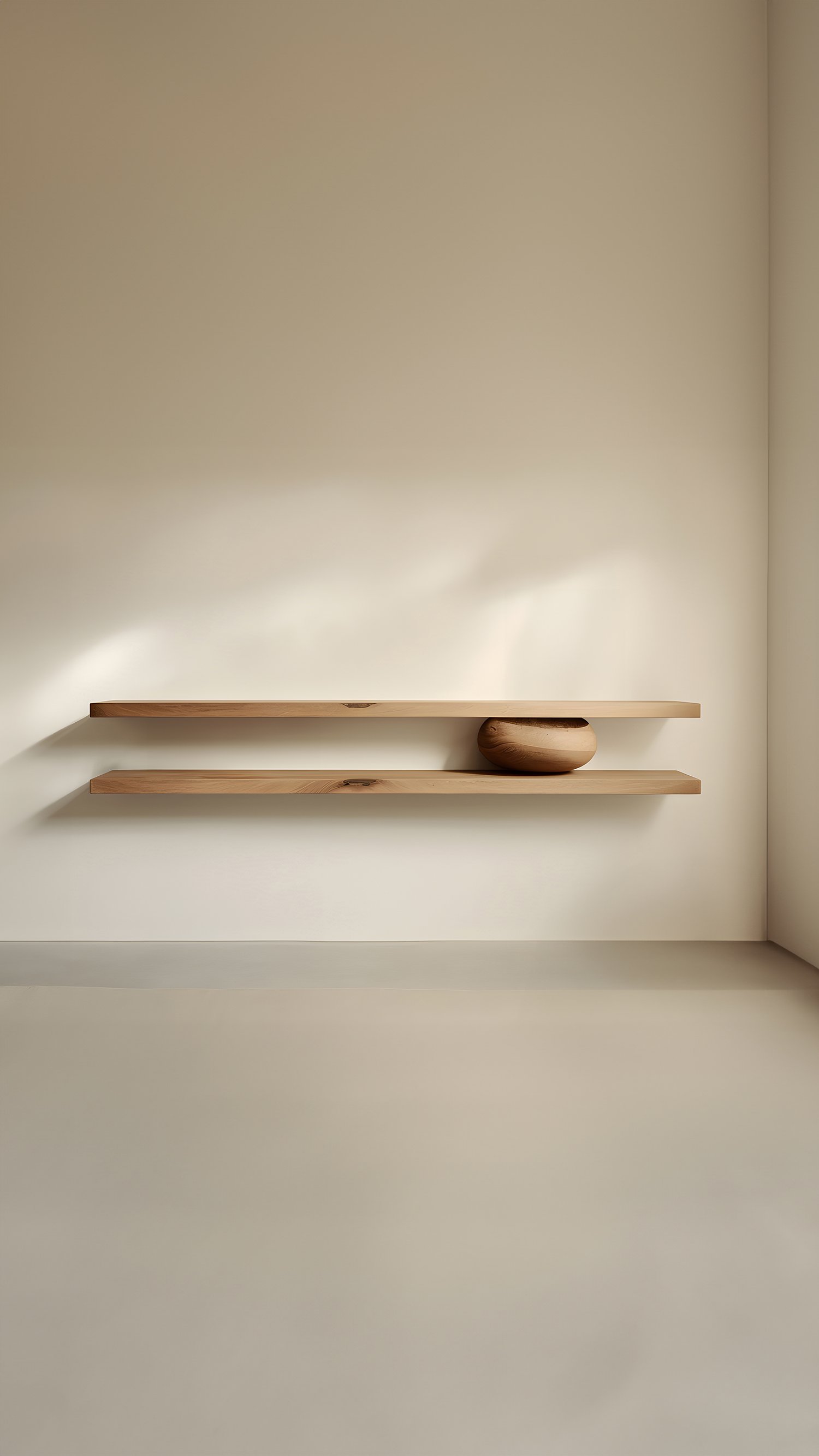 Set of Two Floating Shelves with One Sculptural Wooden Pebble Accent in the Middle, Sereno by Joel Escalona — 8.jpg