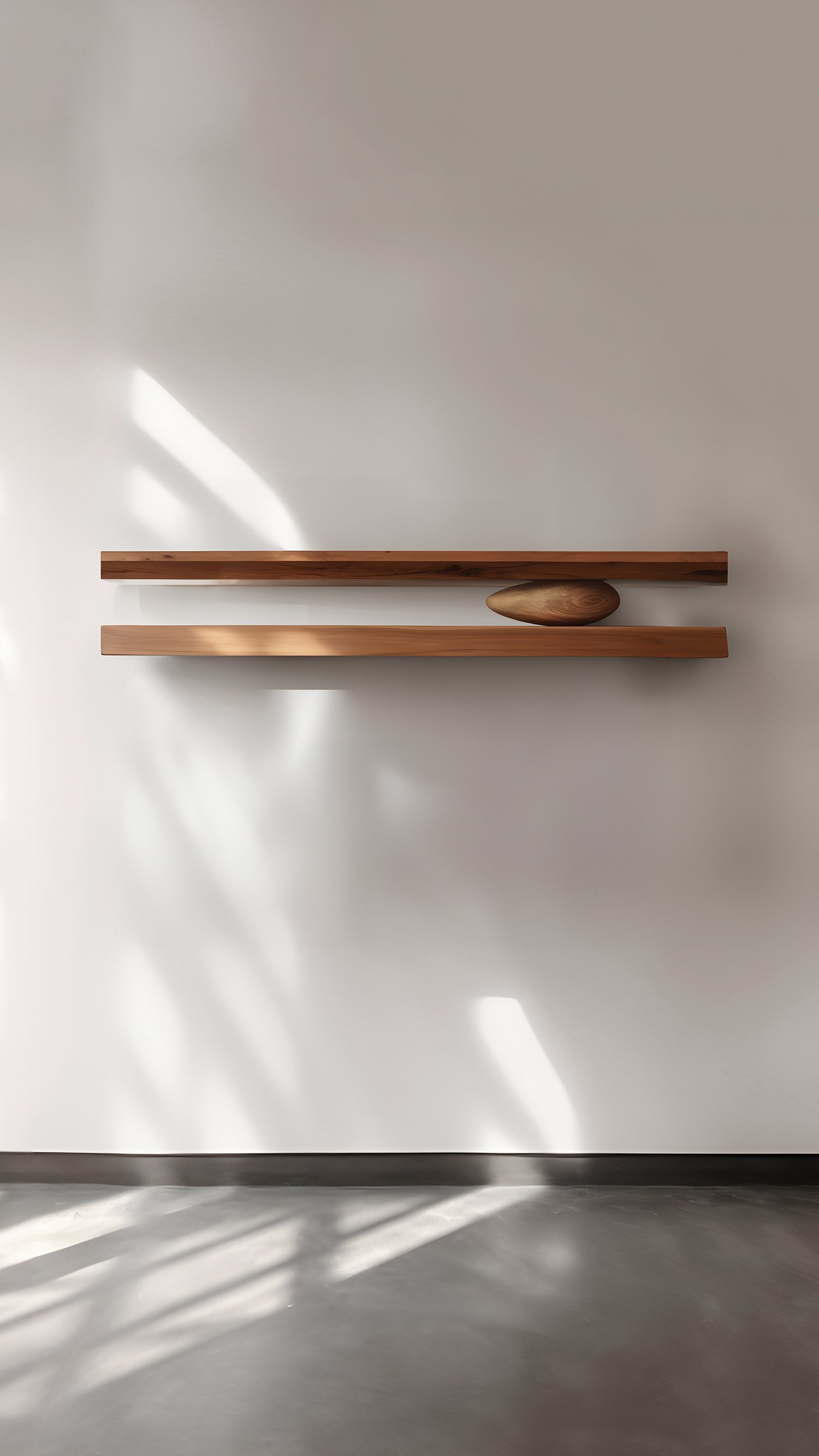 Set of Two Floating Shelves with One Sculptural Wooden Pebble Accent in the Middle, Sereno by Joel Escalona — 9.jpg