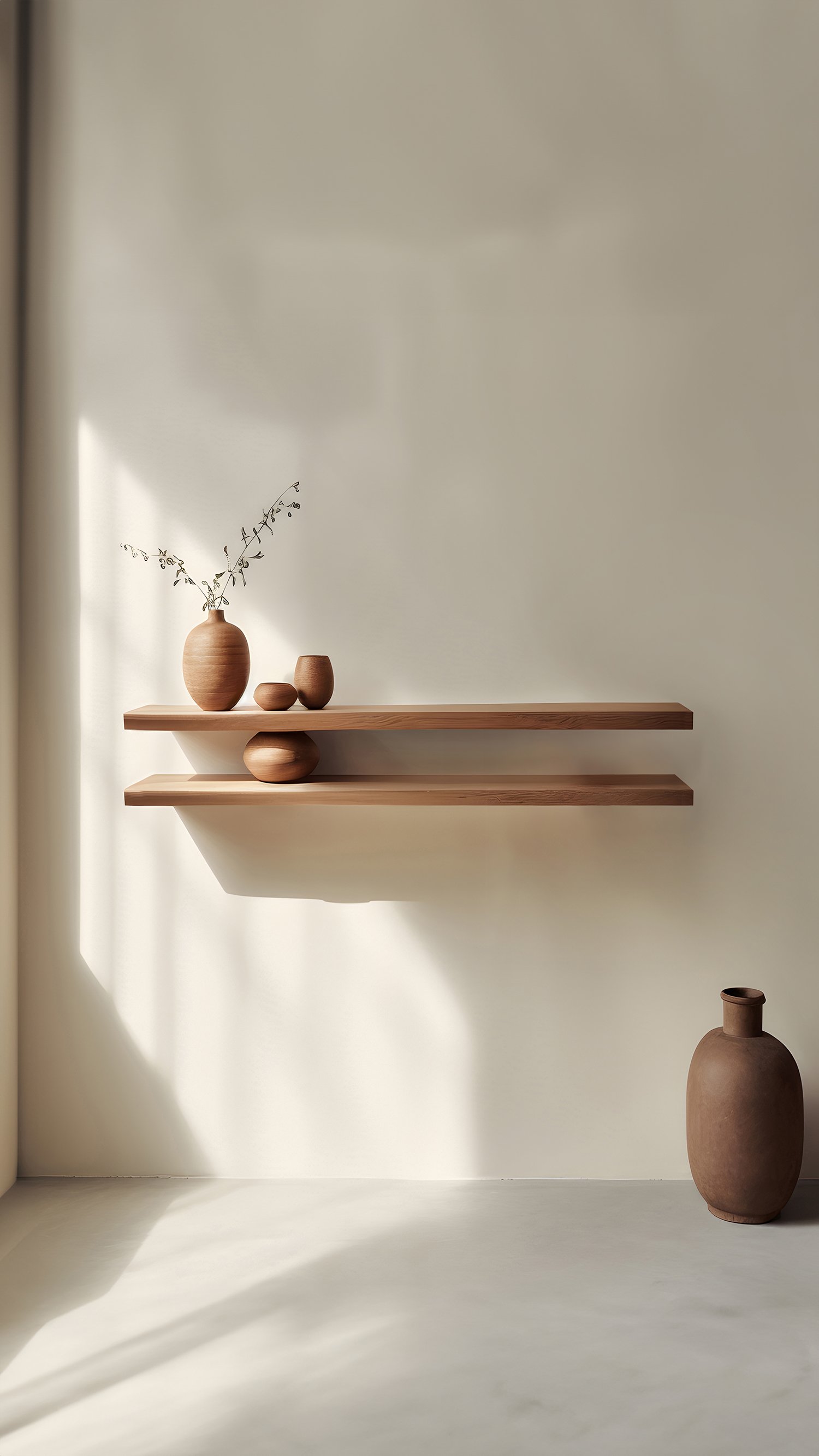 Set of Two Floating Shelves with One Sculptural Wooden Pebble Accent in the Middle, Sereno by Joel Escalona — 11.jpg