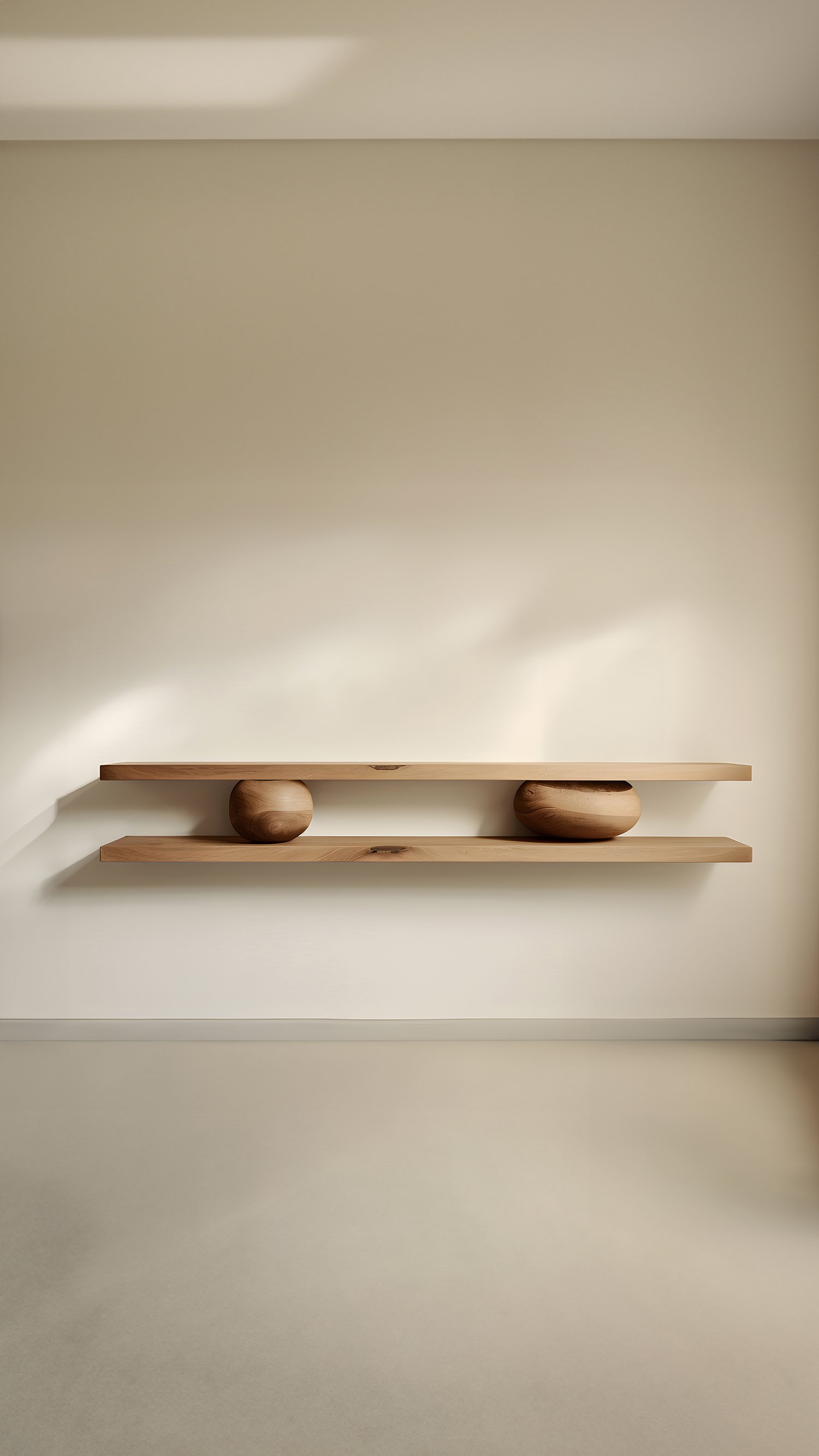 Set of Two Large Floating Shelves with Two Sculptural Wooden Pebble Accents in the Middle, Sereno by Joel Escalona — 3.jpg