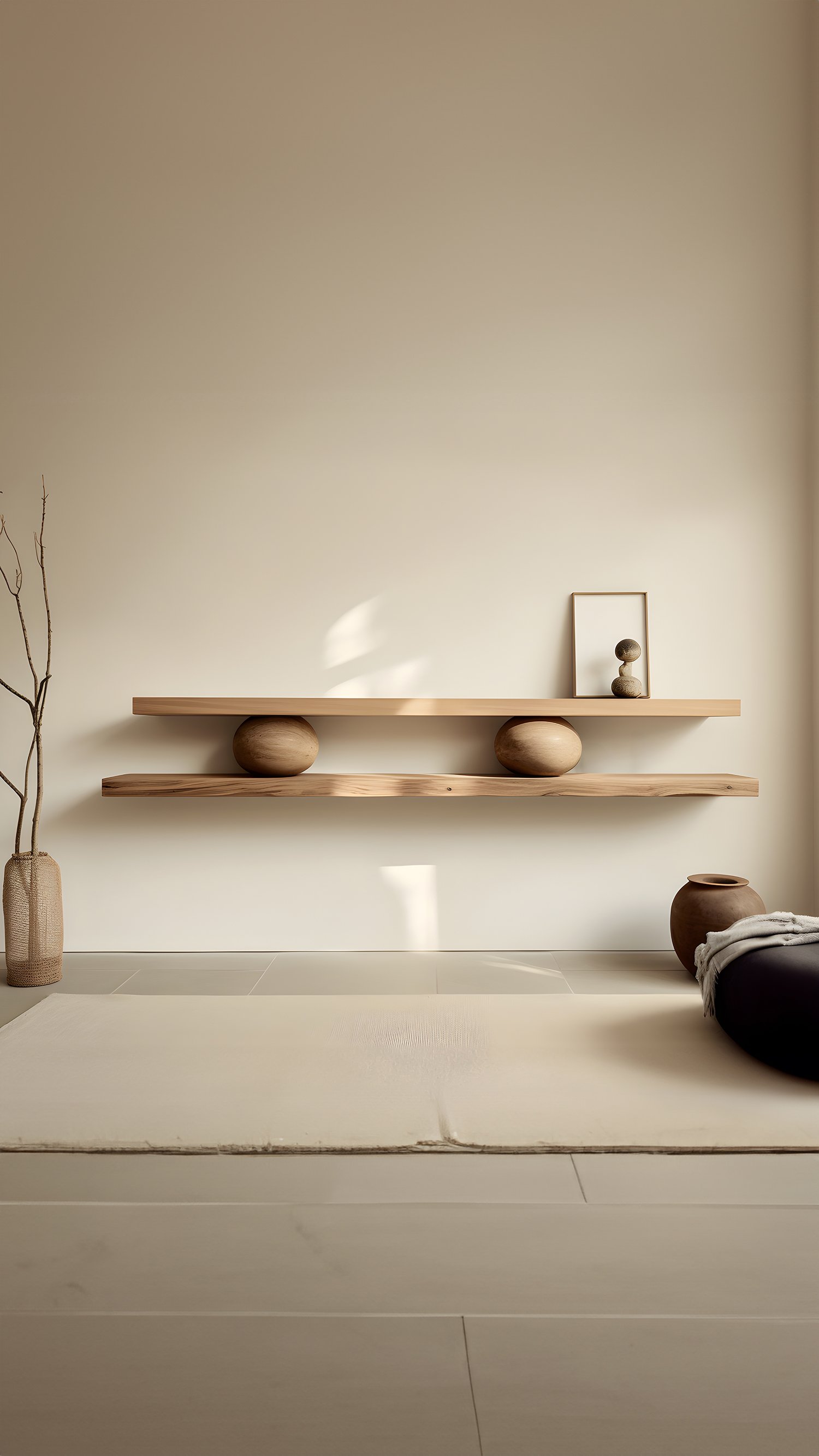 Set of Two Large Floating Shelves with Two Sculptural Wooden Pebble Accents in the Middle, Sereno by Joel Escalona — 5.jpg