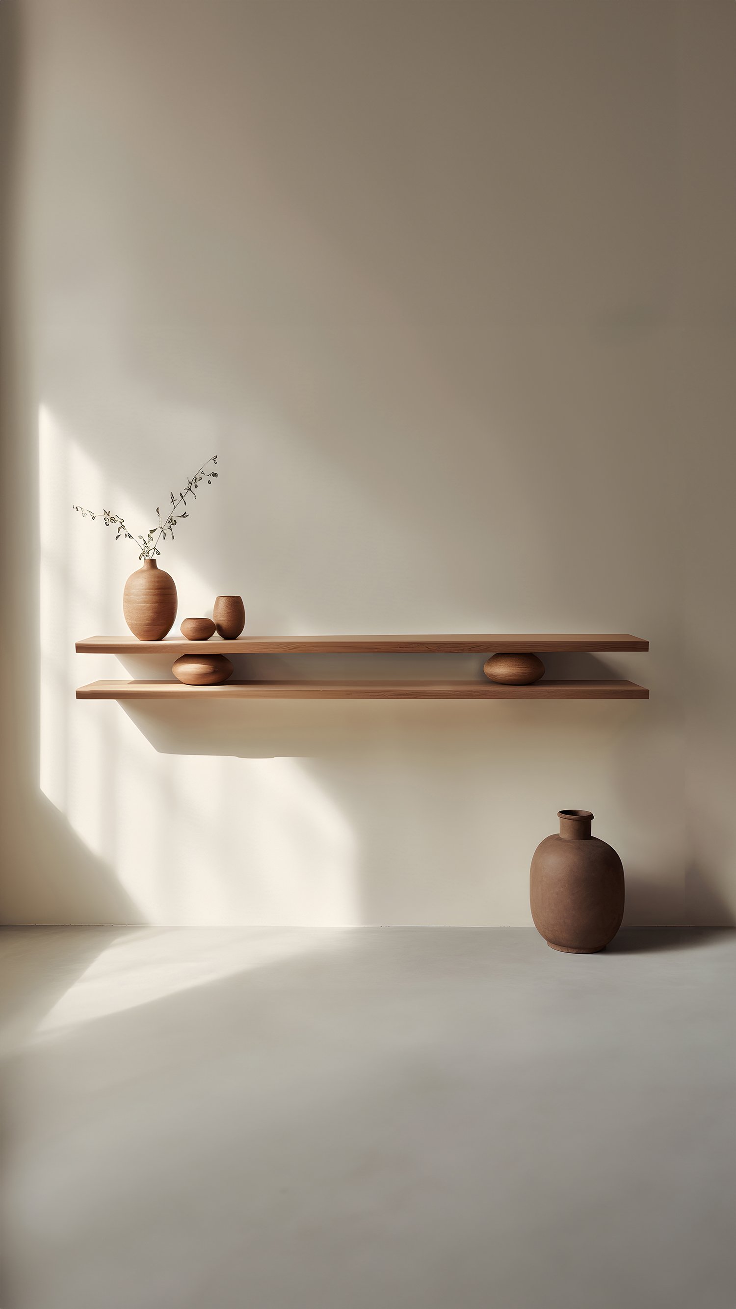Set of Two Large Floating Shelves with Two Sculptural Wooden Pebble Accents in the Middle, Sereno by Joel Escalona —6.jpg