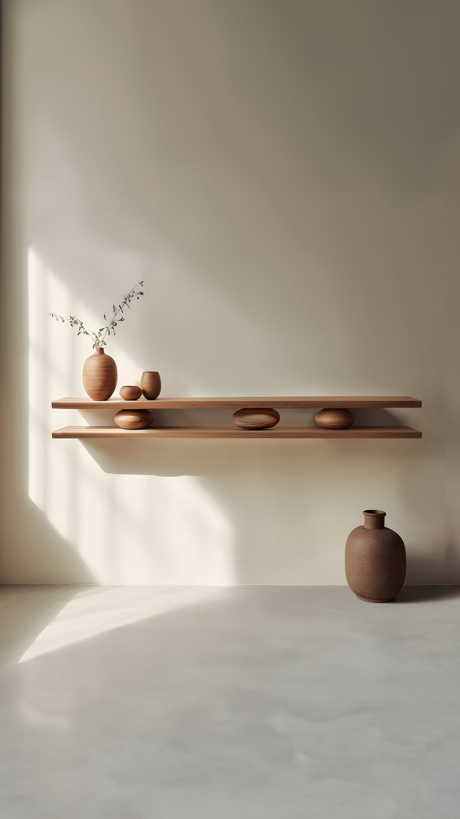 Set of Two Large Floating Shelves with Three Sculptural Wooden Pebble Accents in the Middle, Sereno by Joel Escalona — 4.jpg