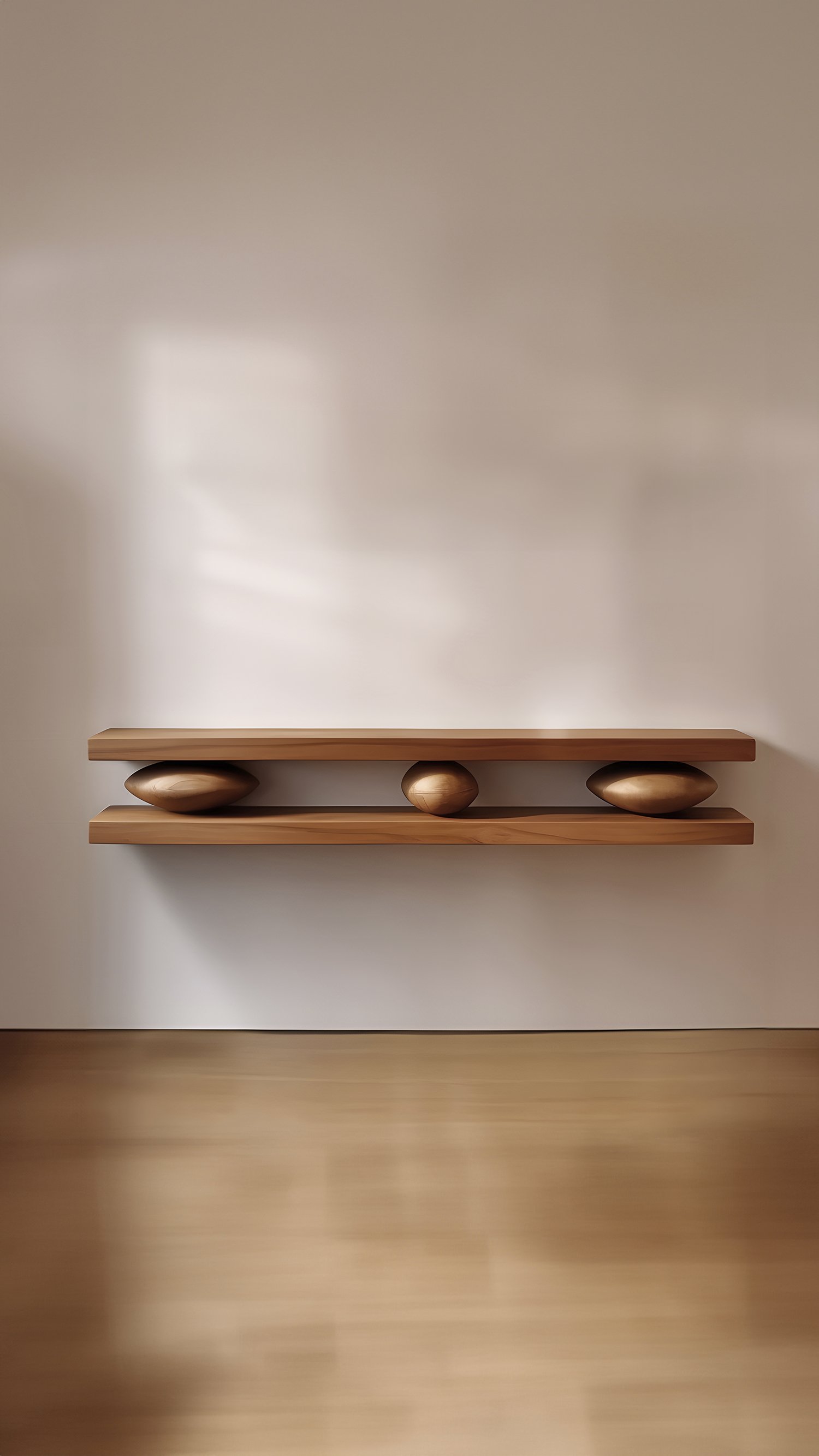 Set of Two Large Floating Shelves with Three Sculptural Wooden Pebble Accents in the Middle, Sereno by Joel Escalona — 2.jpg
